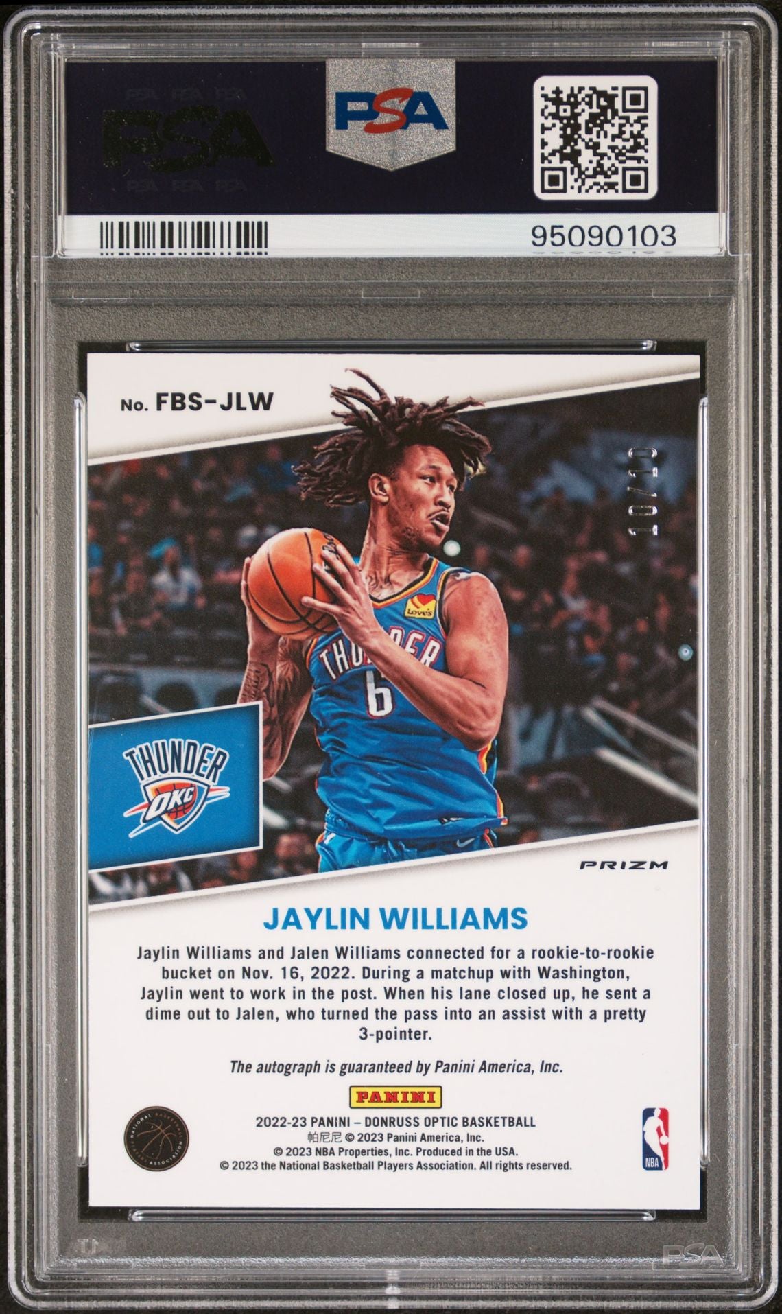 2022-23 Panini Donruss Optic #FBS-JLW Jaylin Williams Rookie Card Fast Break Signatures Gold 10/10 PSA10 Auto