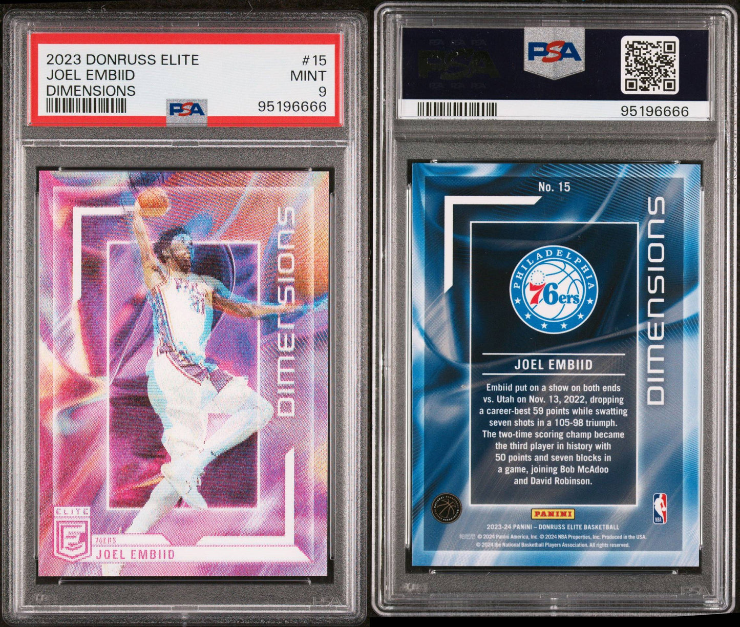 2023-24 Panini Donruss Elite #15 Joel Embiid Dimensions Case Hit SSP PSA9 Mint