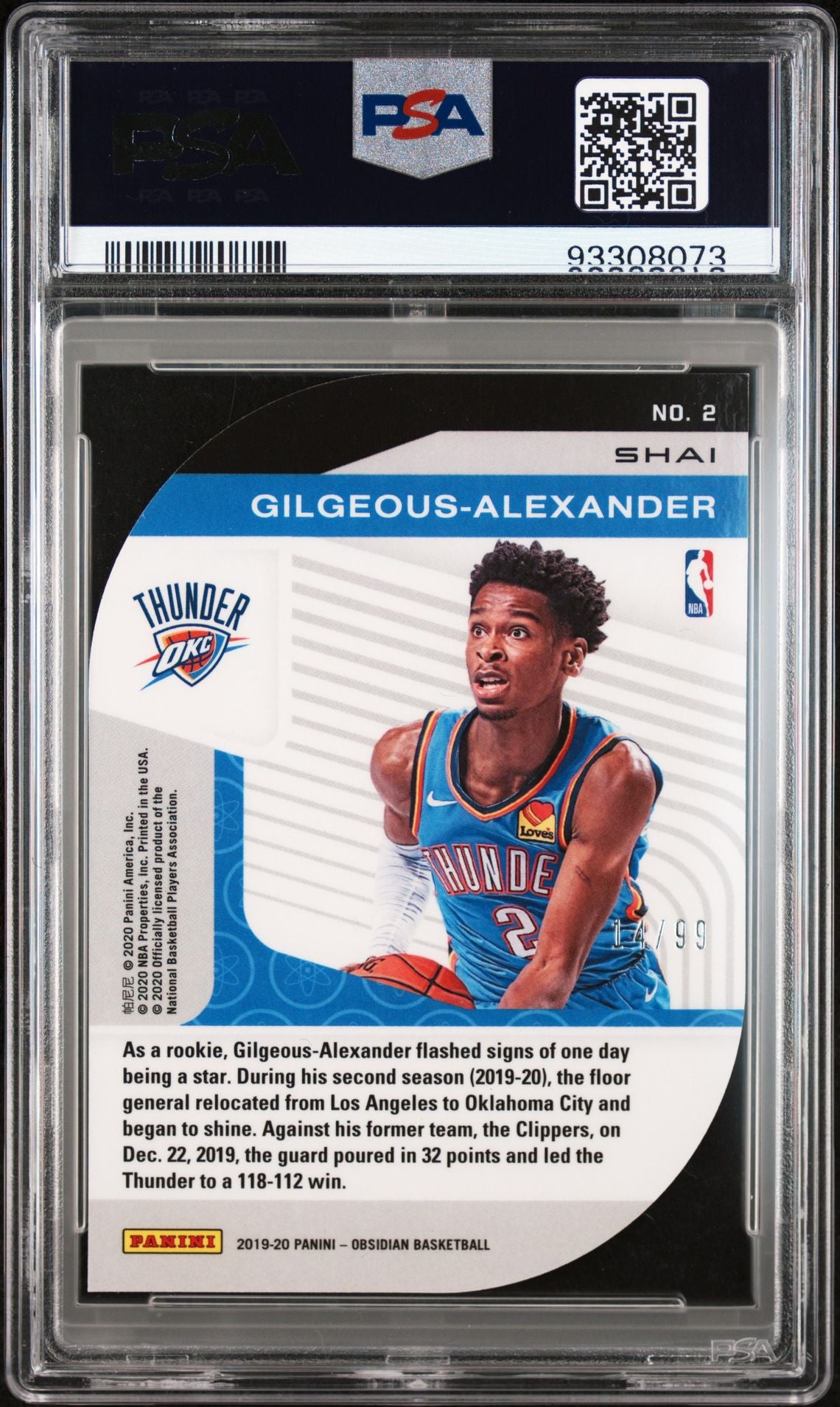 2019-20 Panini Obsidian #2 Shai Gilgeous-Alexander Atomic Die Cut 14/99 PSA9 Mint