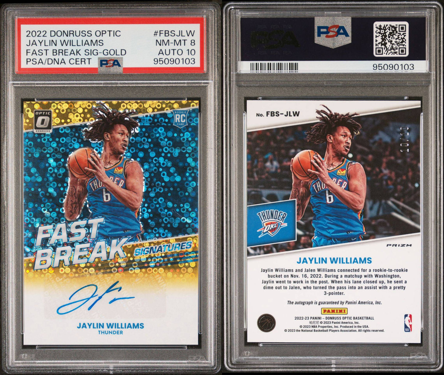 2022-23 Panini Donruss Optic #FBS-JLW Jaylin Williams Rookie Card Fast Break Signatures Gold 10/10 PSA10 Auto