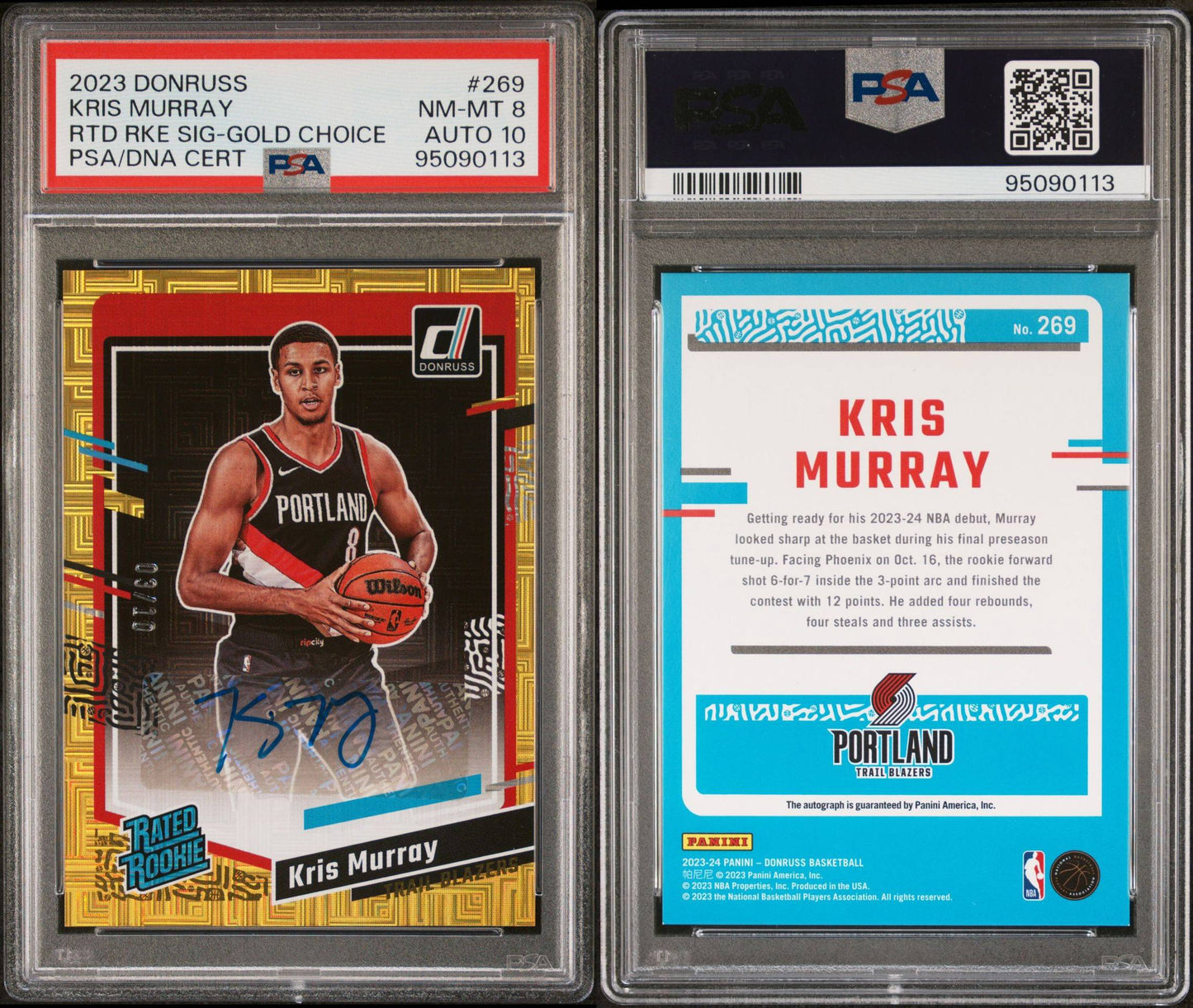 2023-24 Panini Donruss Choice #269 Kris Murray Rookie Card Gold Rated Rookie Autograph 03/10 PSA10 Auto