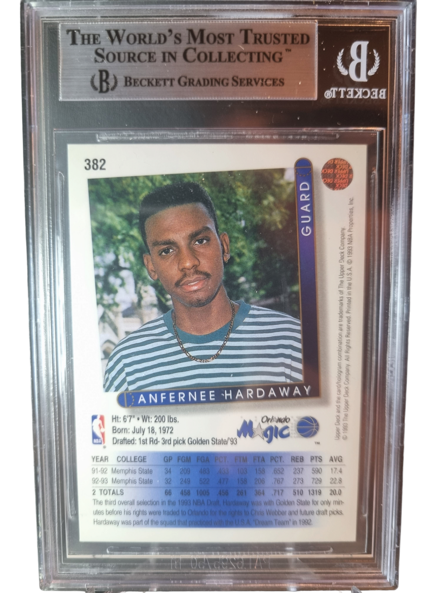 1993 Upper Deck #382 Anfernee Hardaway BGS 8.5 Near Mint