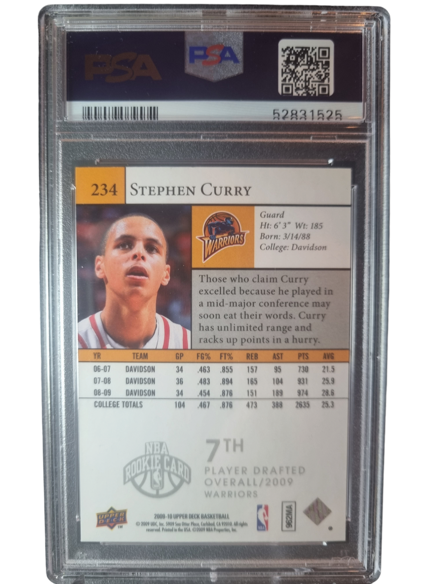 2009 Upper Deck #234 Stephen Curry Rookie Card PSA 9 Mint