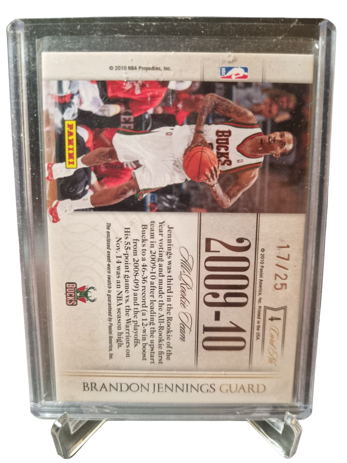 2009-10 Panini National Treasures #4 Brandon Jennings All Rookie Team Game Worn Patch 17/25