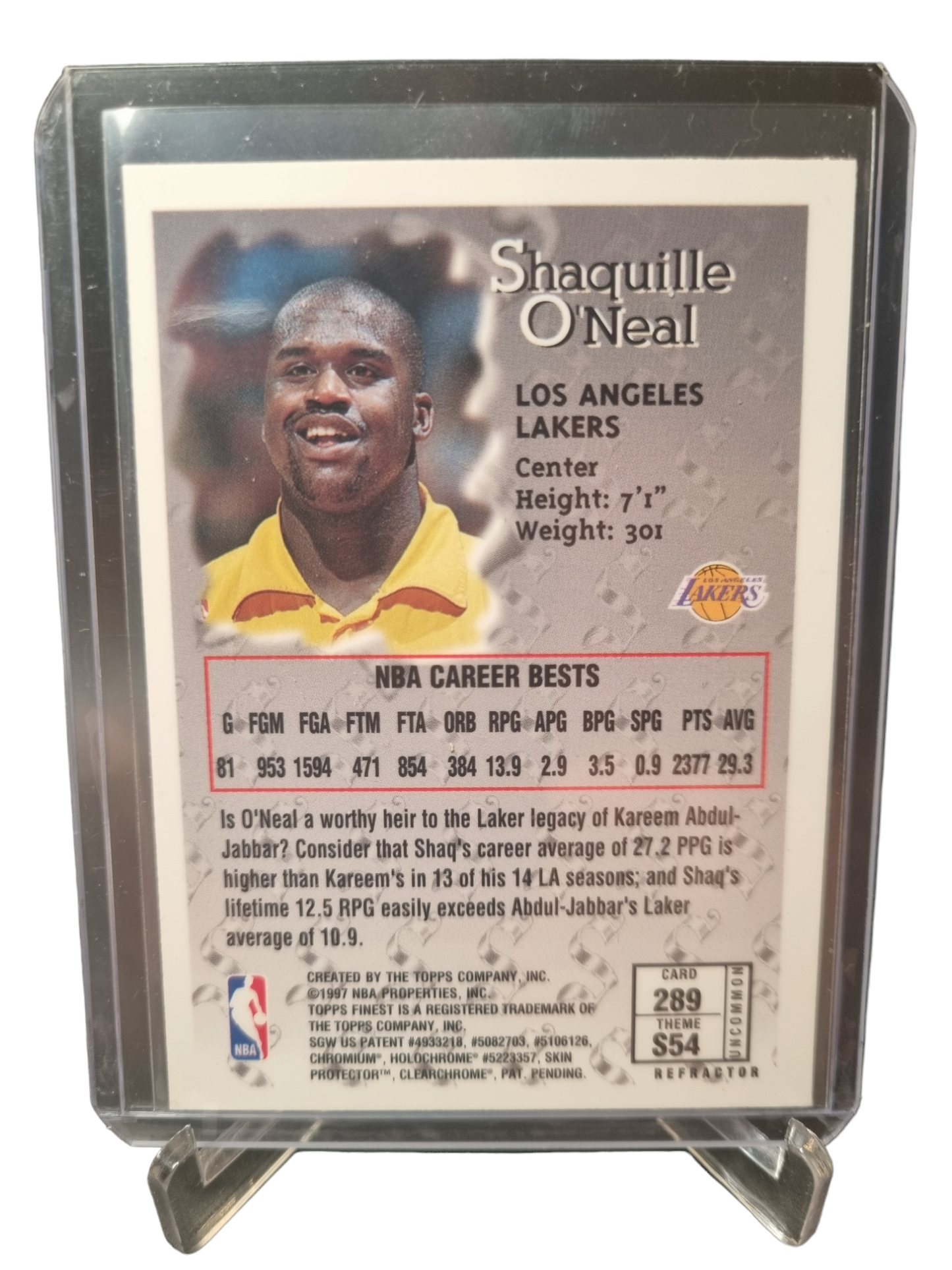 1997 Topps #289 S54 Shaquille O'Neal Finest Refractor with Protective Coating