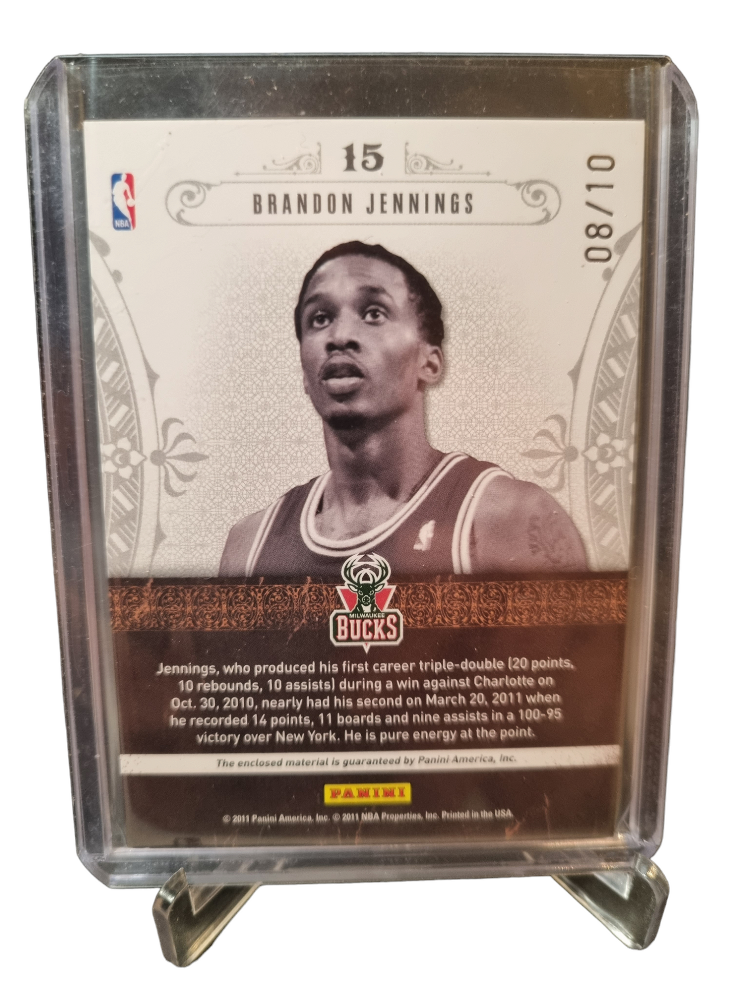 2011 Panini National Treasures #15 Brandon Jennings Game Worn Duel Patch 08/10