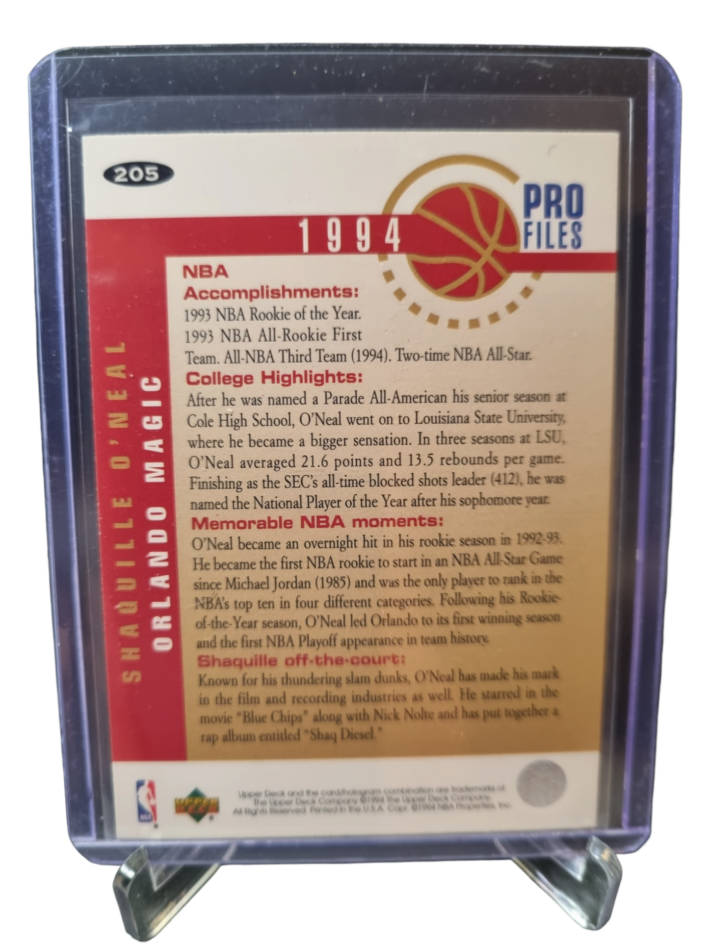 1994 Upper Deck #205 Shaquille O'Neal 1994 Pro Files Silver Signatures