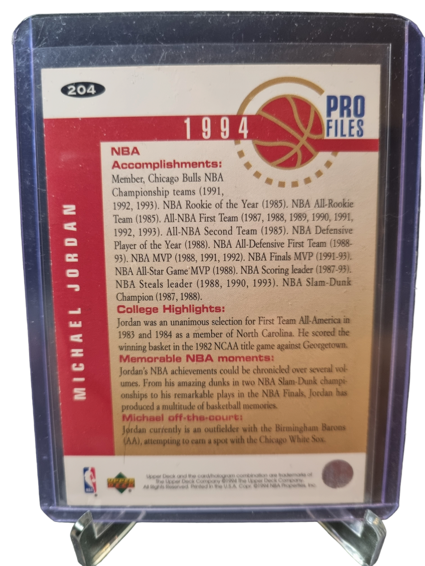 1994 Upper Deck #204 Michael Jordan Pro Files Silver Signature