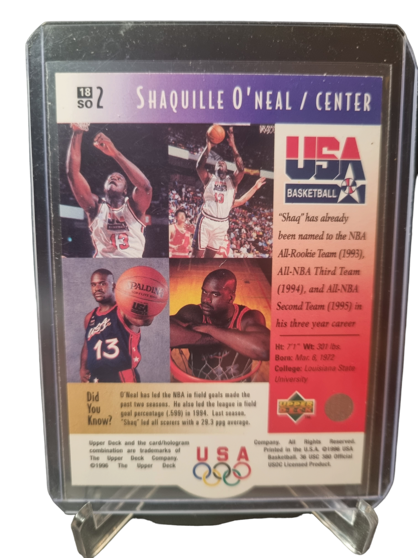 1996 Upper Deck #18 SO 2 Shaquille O'Neal USA Basketball All-NBA Selections