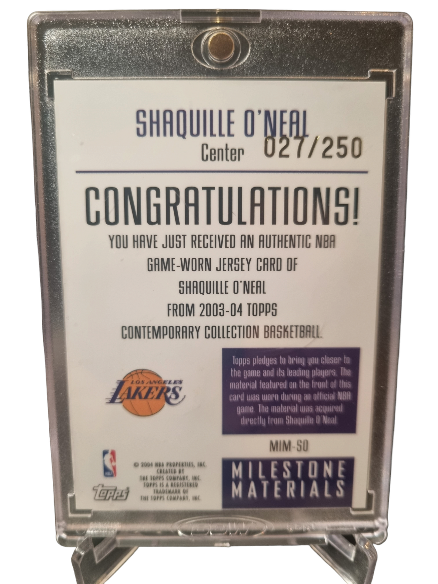 2004 Topps #MIM-S0 Shaquille O'Neal Game Worn Jersey Patch Contemporary Collection 027/250