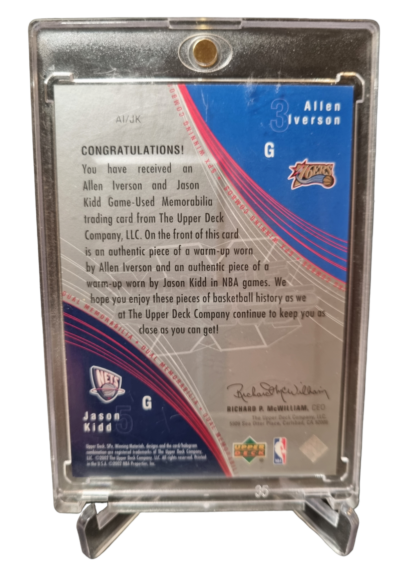 2002 Upper Deck #AI/JK Allen Iverson/Jason Kidd SPX Winning Combos Duel Game Worn Patch