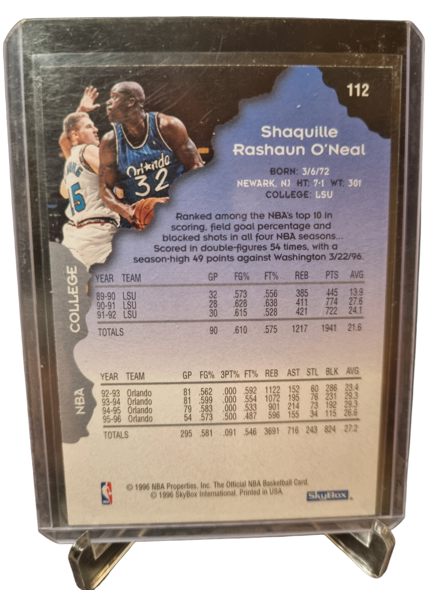 1996 Hoops #112 Shaquille O'Neal Signed With Las Angeles