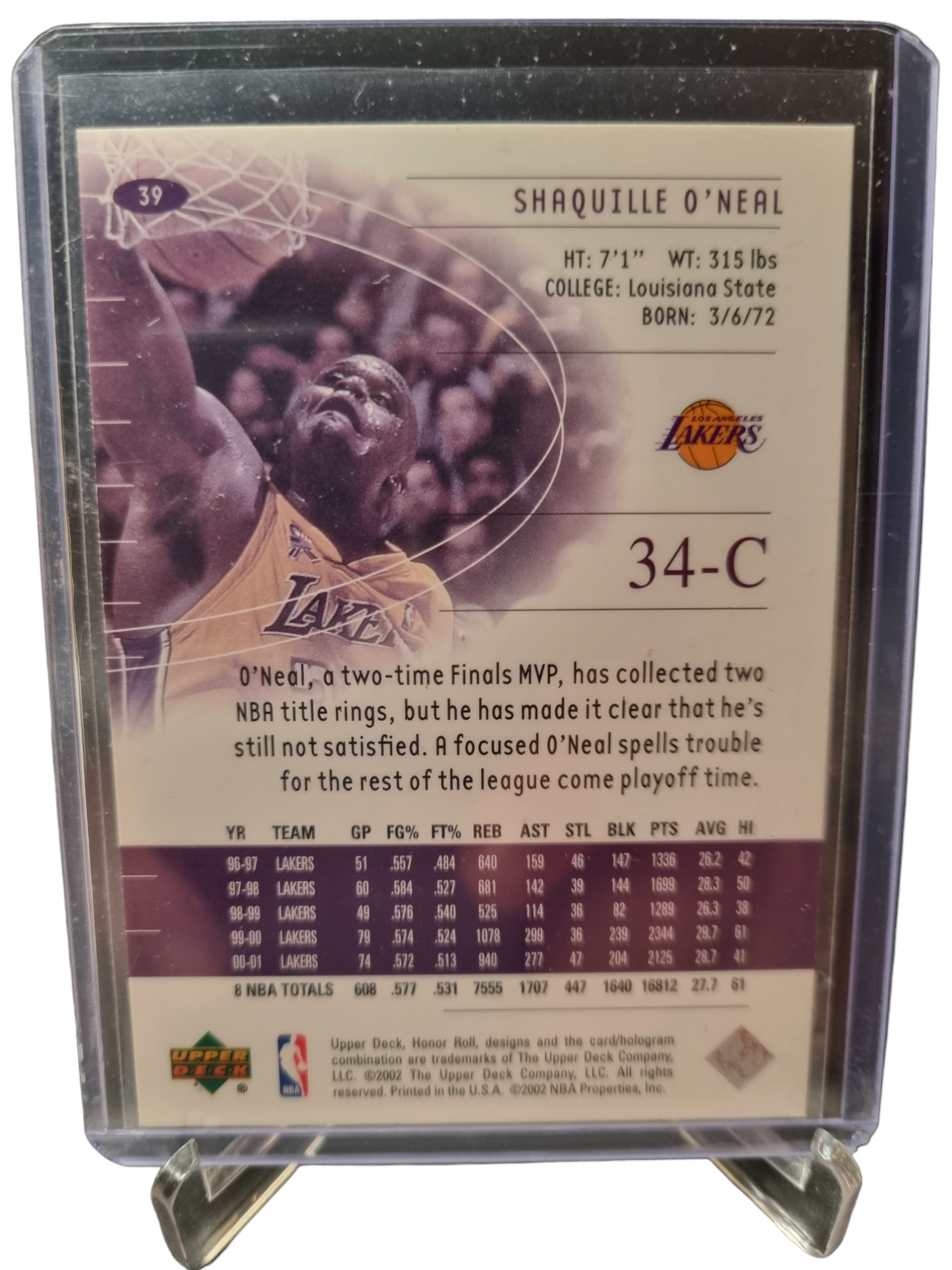 2002 Upper Deck #39 Shaquille O'Neal Honor Roll