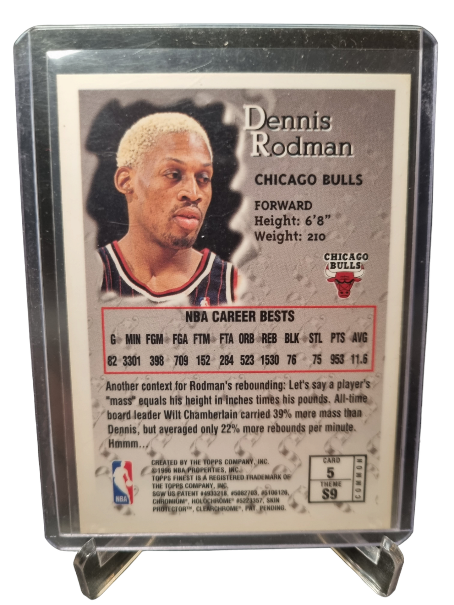 1996 Topps Finest #5 Dennis Rodman Sterling With Protective Coating