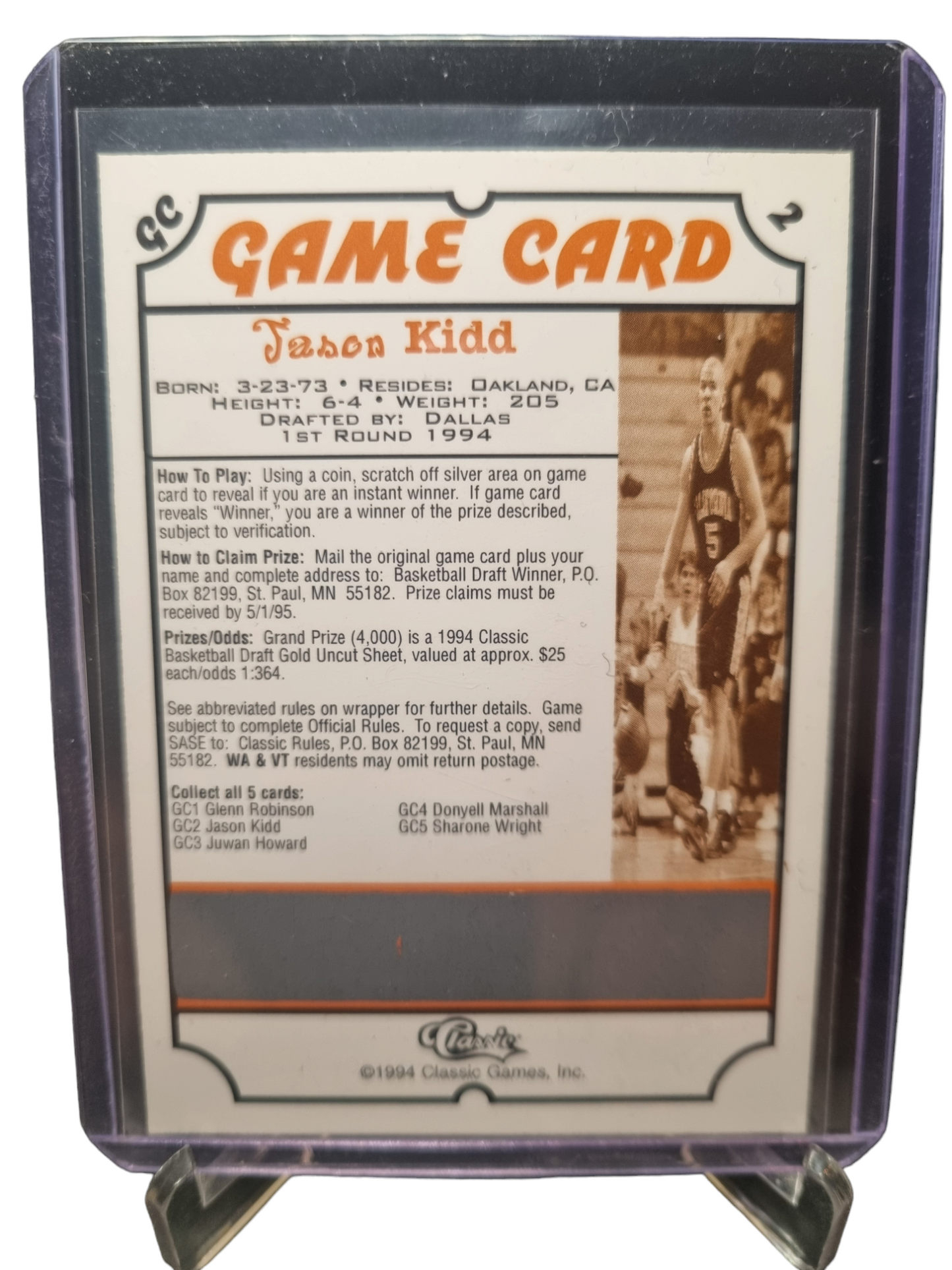 1994 Classic #2 Jason Kidd Rookie Card Game Card