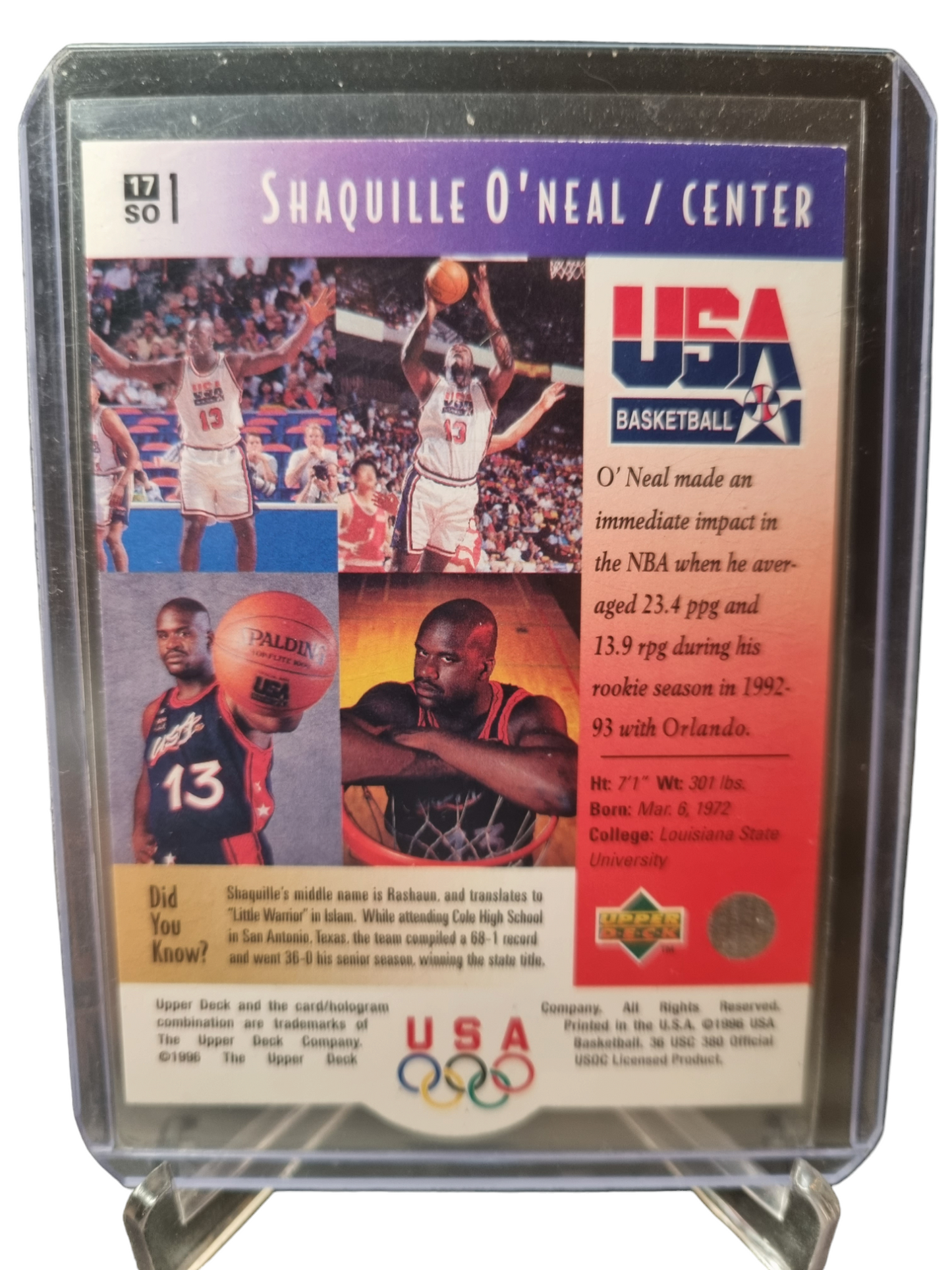 1996 Upper Deck #1 Shaquille O'Neal USA Basket Ball Rookie Of The Year