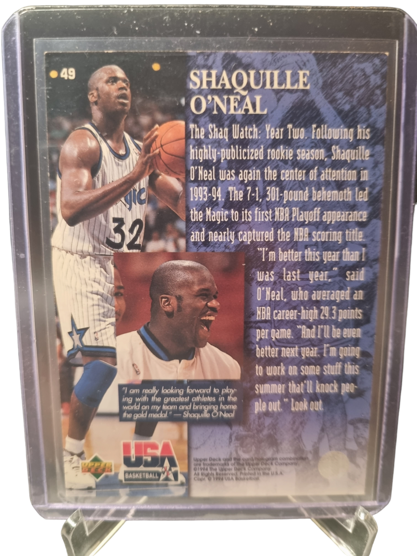 1994 Upper Deck #49 Shaquille O'Neal USA Basketball Gold Signature Upper Deck Gold Medal