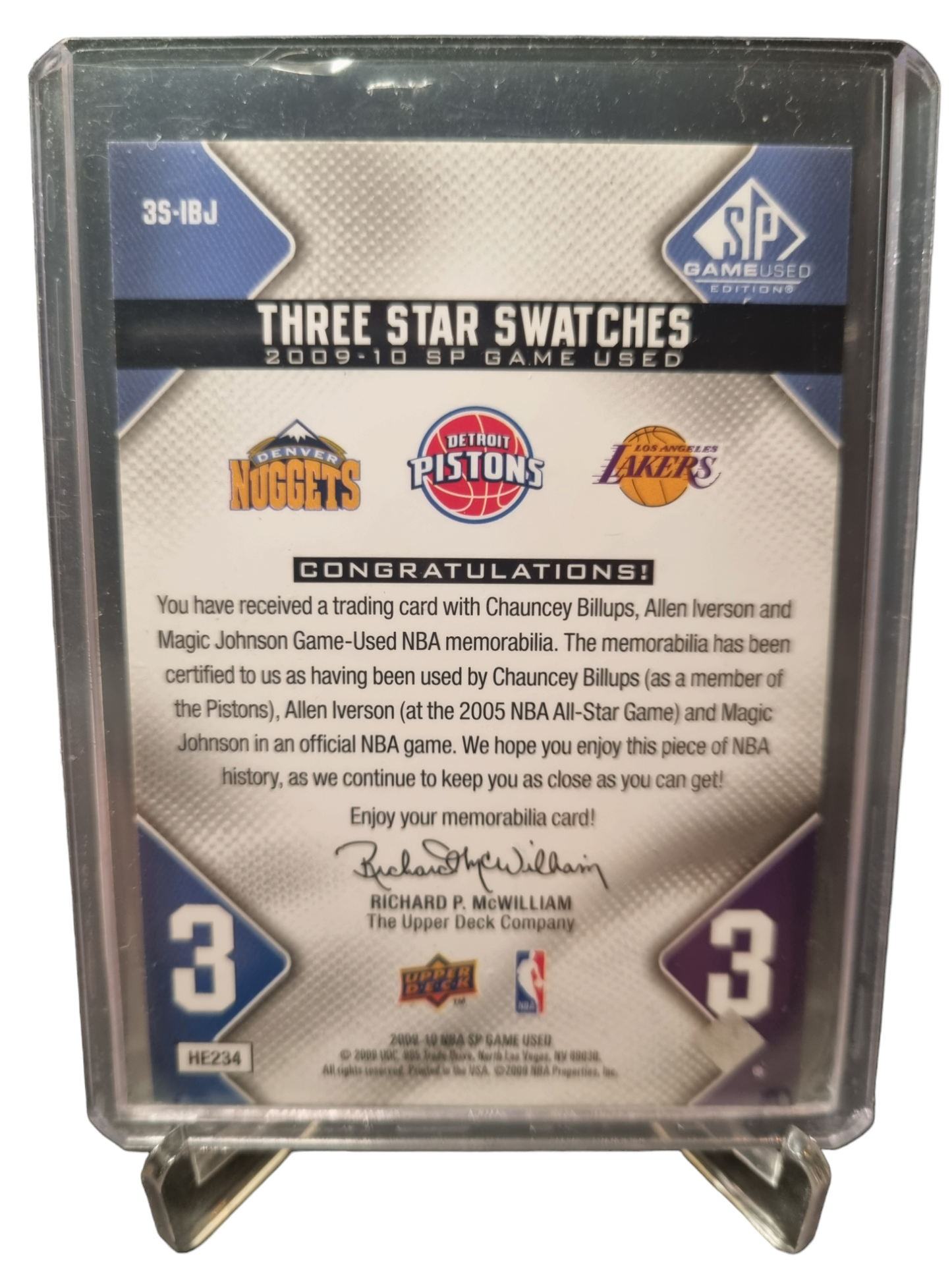 2009-10 Upper Deck #35-IBJ Magic Johnson/Allen Iverson/Chauncy Billups SP Star Swatches Game Worn Triple Patch 37/50