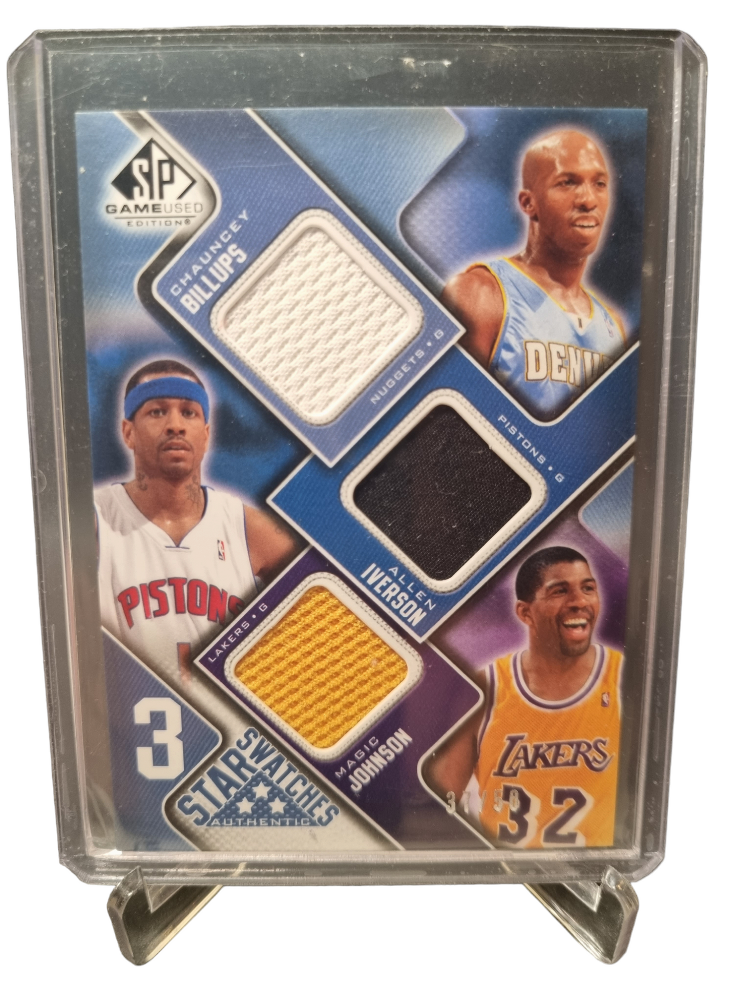 2009-10 Upper Deck #35-IBJ Magic Johnson/Allen Iverson/Chauncy Billups SP Star Swatches Game Worn Triple Patch 37/50