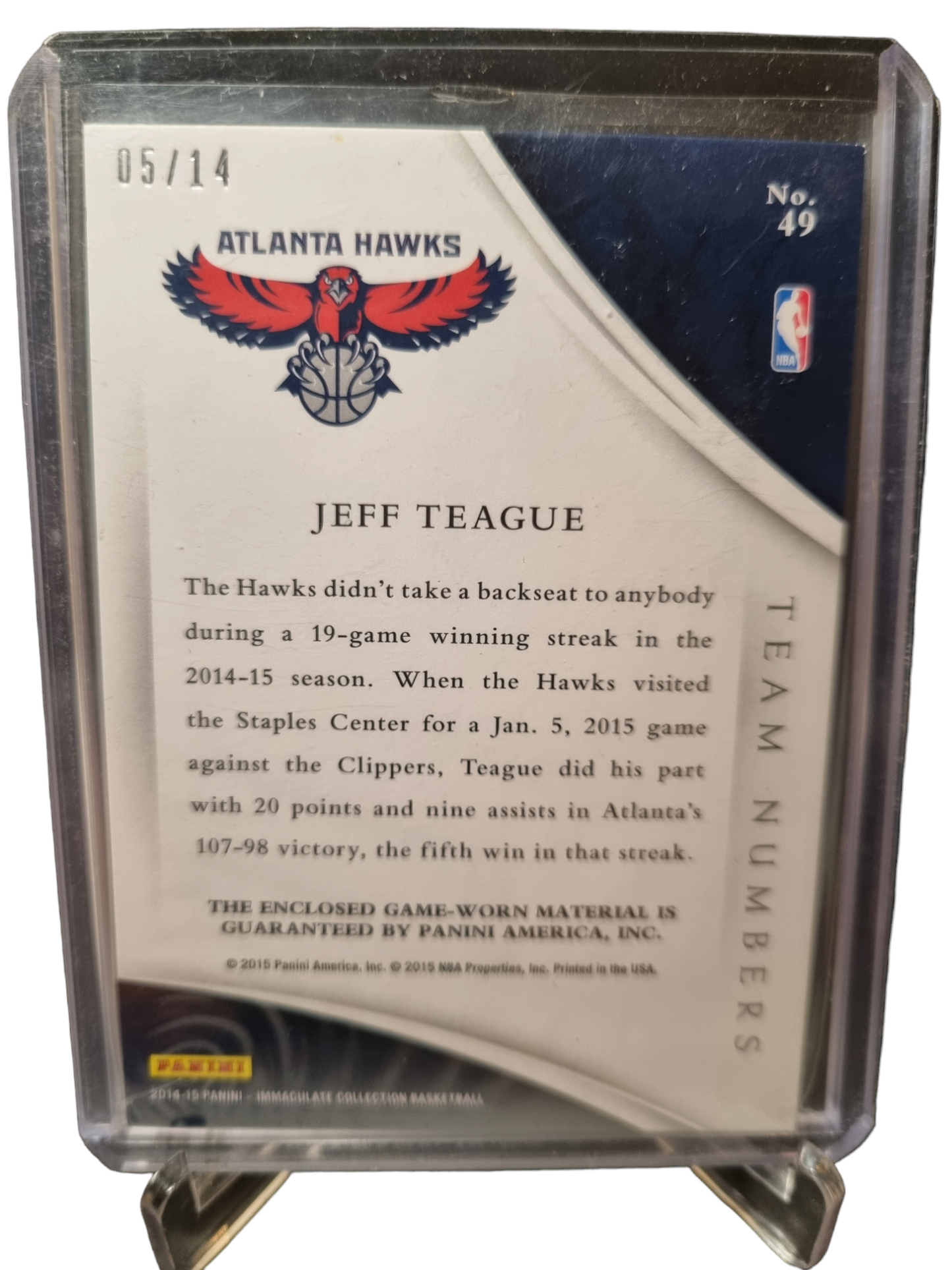 2014-15 Panini Immaculate #49 Jeff Teague Game Worn Patch 05/14