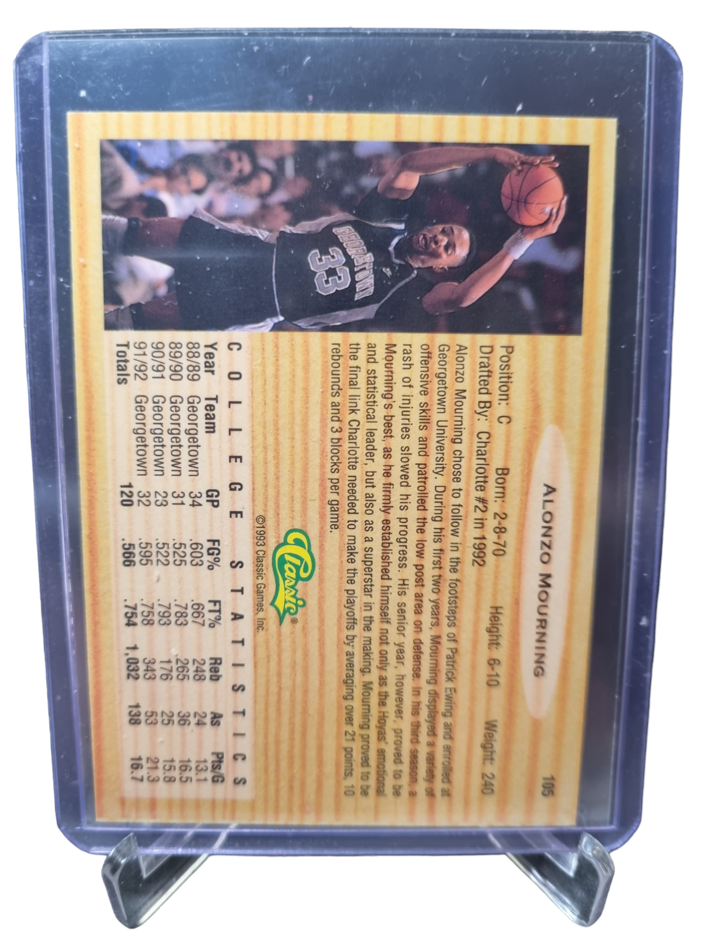 1993 Classic #105 Alonzo Mourning Rookie Card