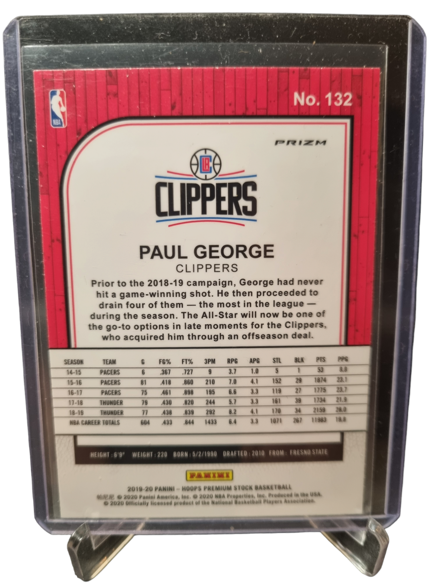 2019-20 Panini Hoops Premium Stock #132 Paul George Silver Prizm