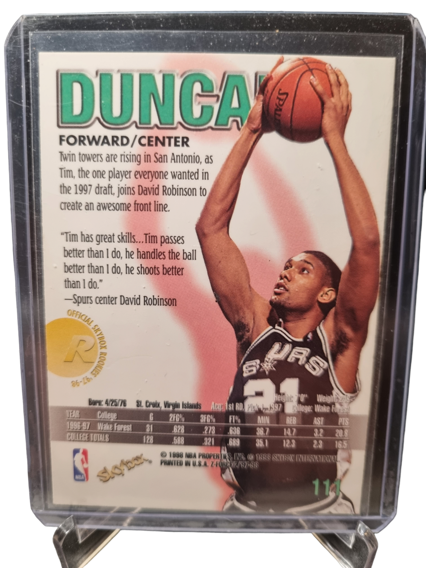 1998 Skybox #111 Tim Duncan Rookie Card Z Force