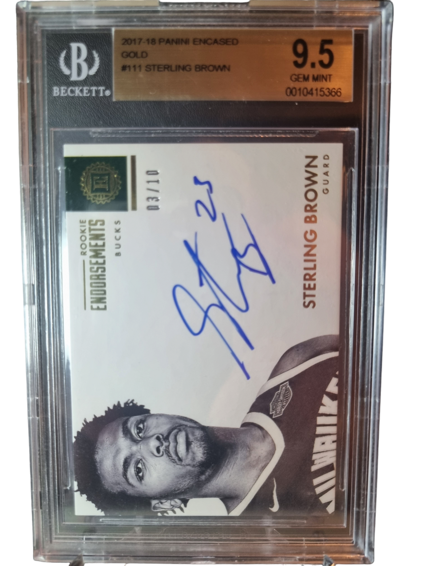 2017 Panini Encased Gold 03/10 #111 Sterling Brown Autograph Rookie Endorsements BGS9.5 Gem Mint Auto BGS 9