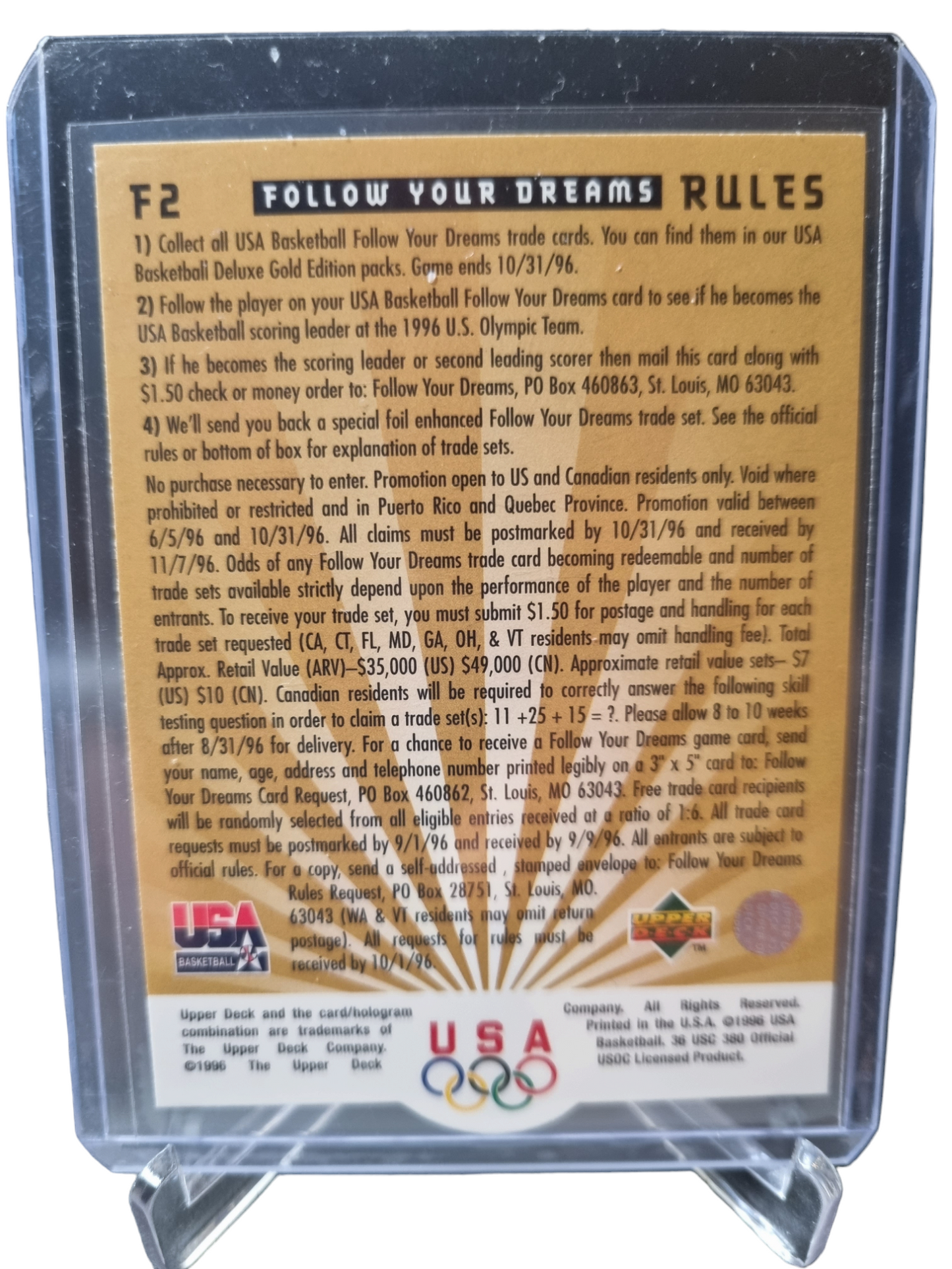 1996 Upper Deck #F2 Grant Hill USA Basketball Follow Your Dreams