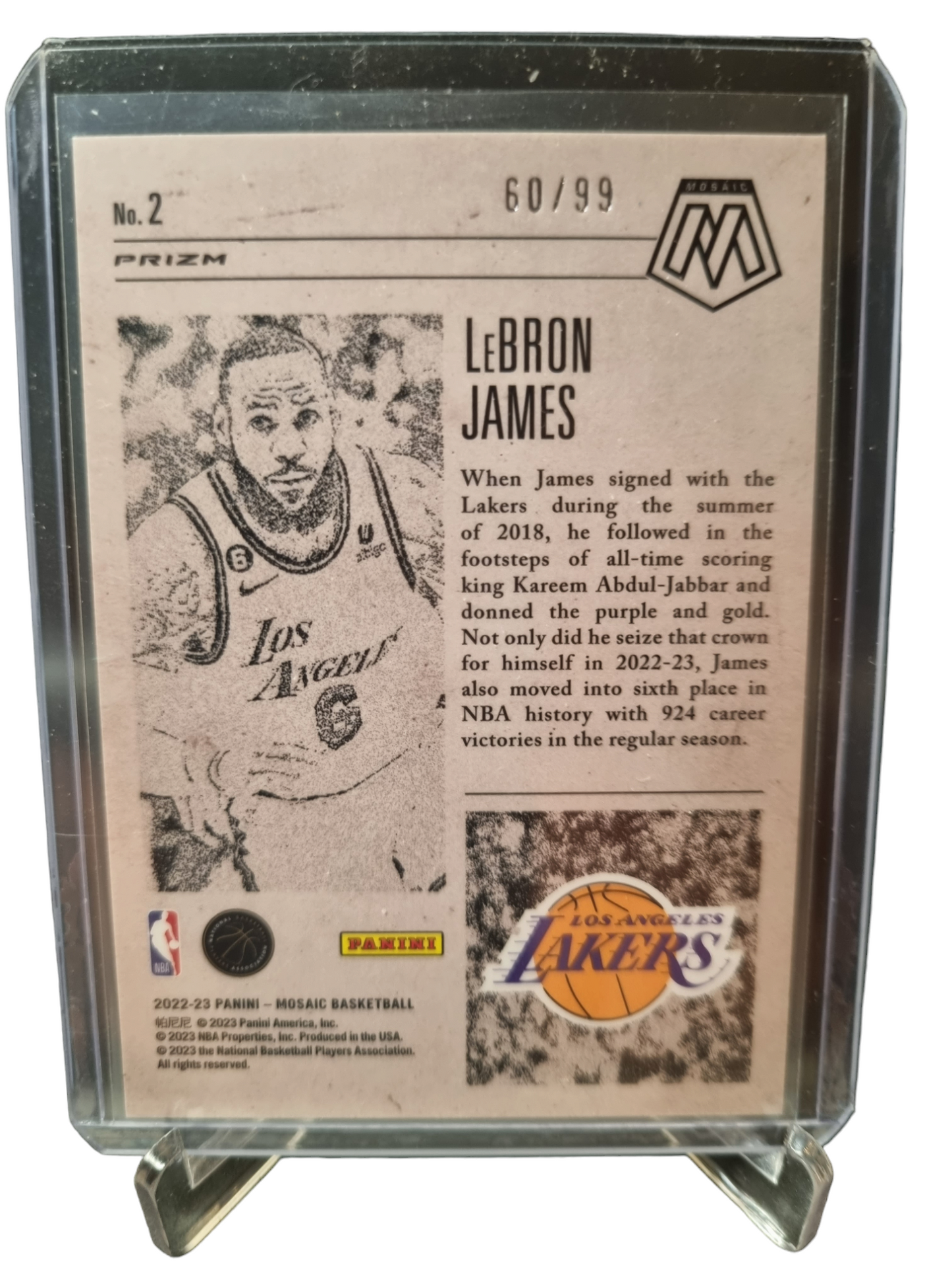 2022-23 Panini Mosaic #2 Lebron James Notoriety Mosaic Prizm Purple 60/99