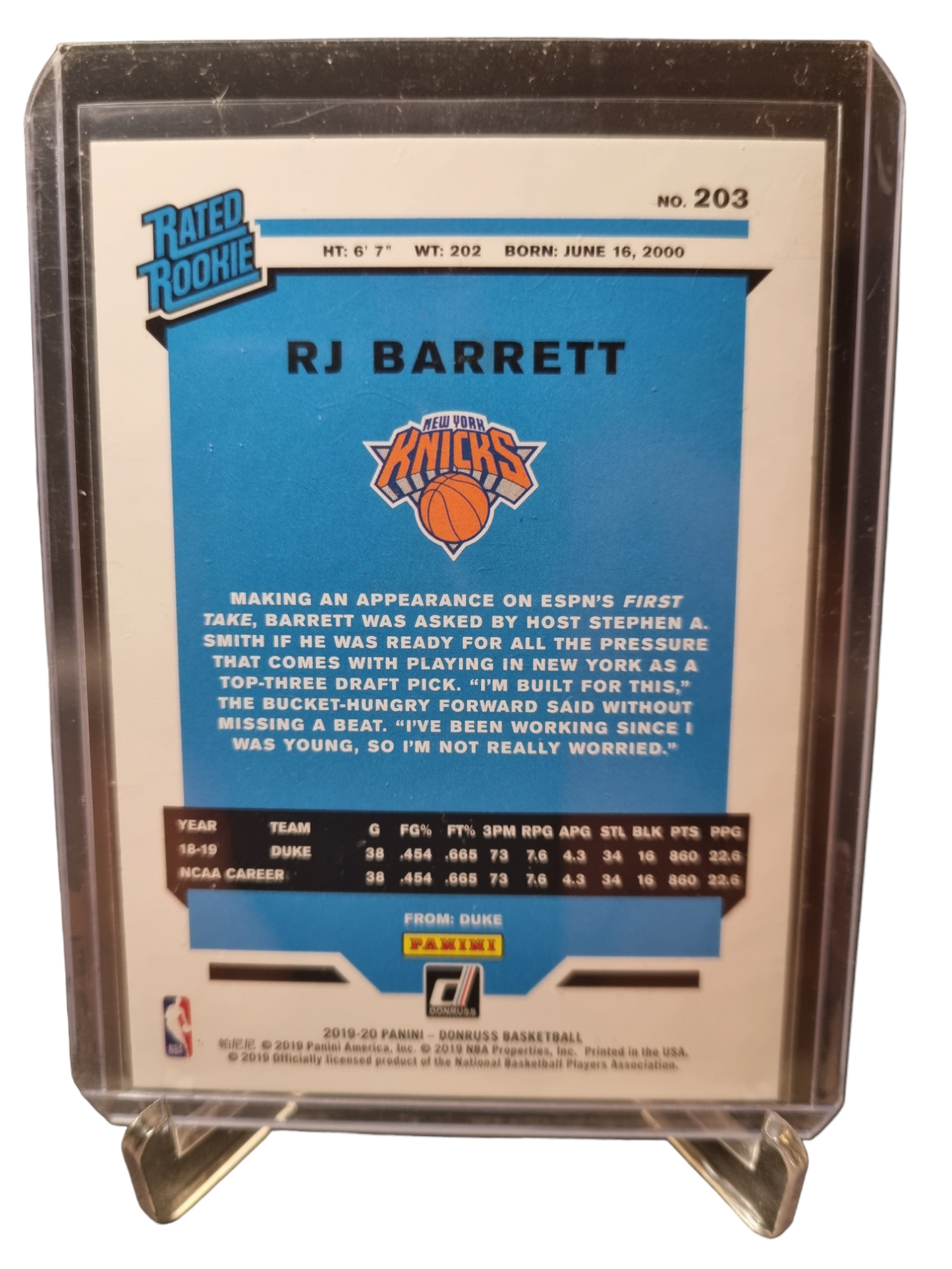 2019-20 Panini Donruss #203 RJ Barrett Rookie Card Yellow Laser Prizm 24/25