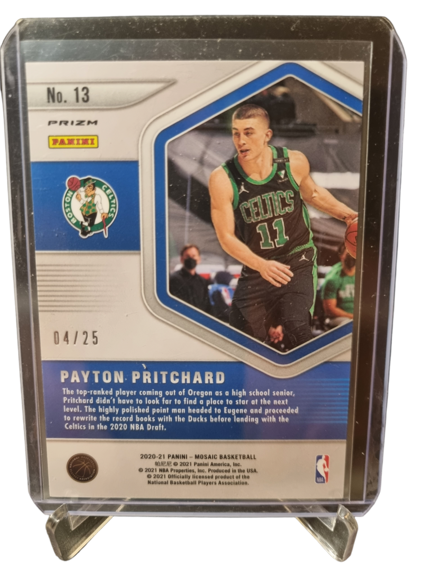 2020-21 Panini Mosaic #13 Payton Pritchard Rookie Card Blue Chips Prizm 04/25