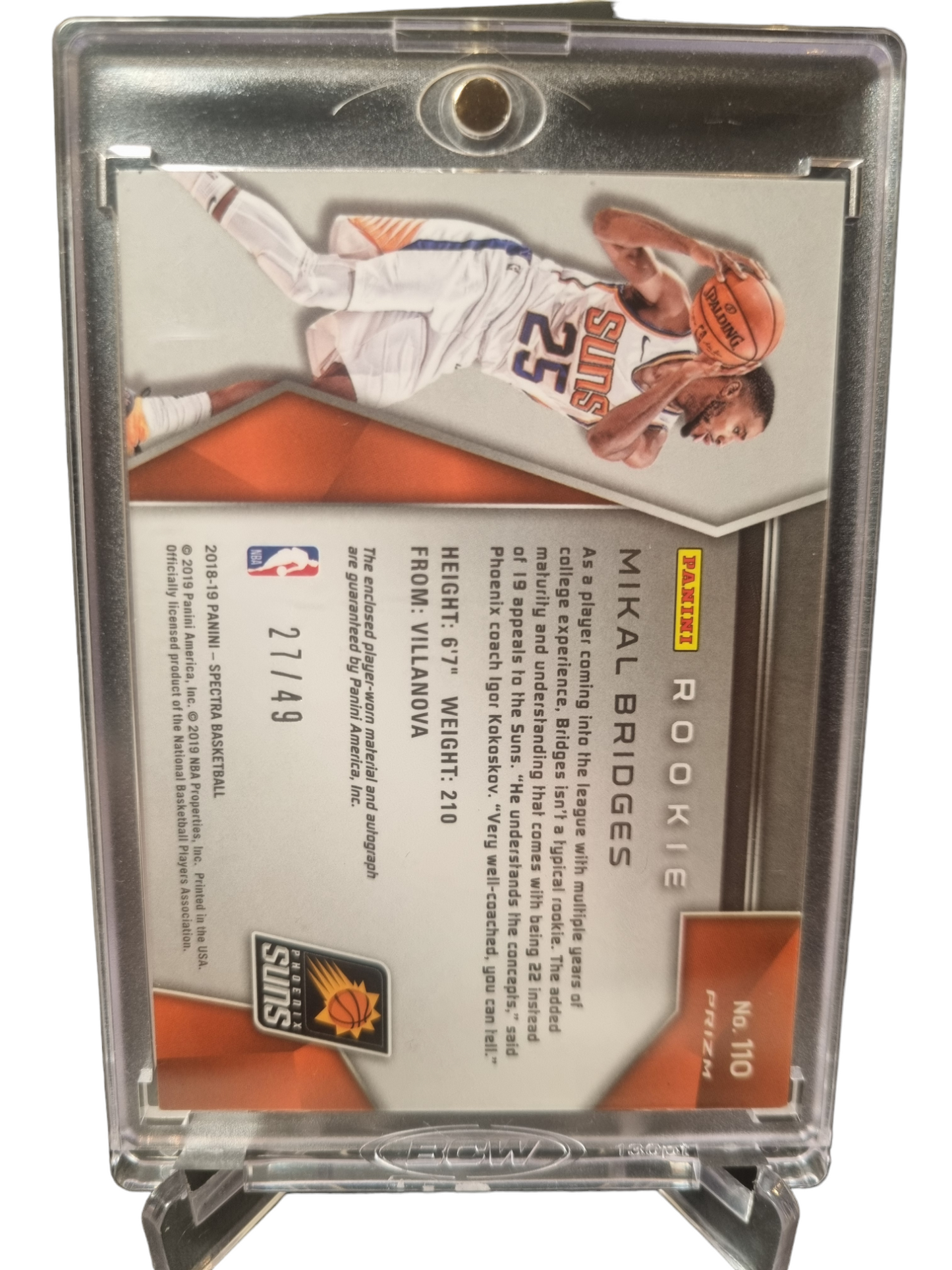 2018-19 Panini Spectra #110 Mikal Bridges Rookie Card Game Worn Patch on Card Autograph 27/49