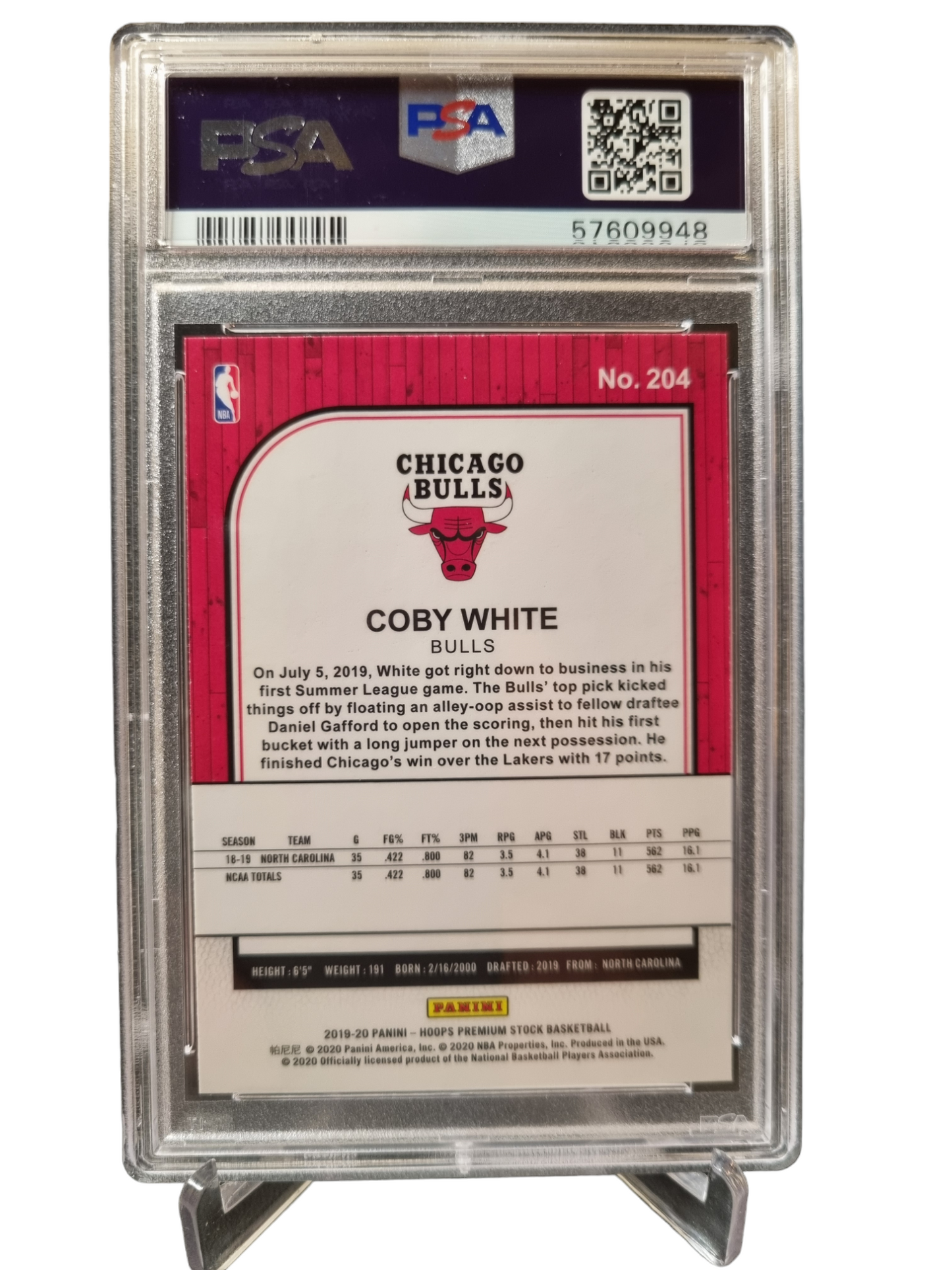 2019 Hoops Premium Stock #204 Coby White Rookie Card PSA10 Gem Mint
