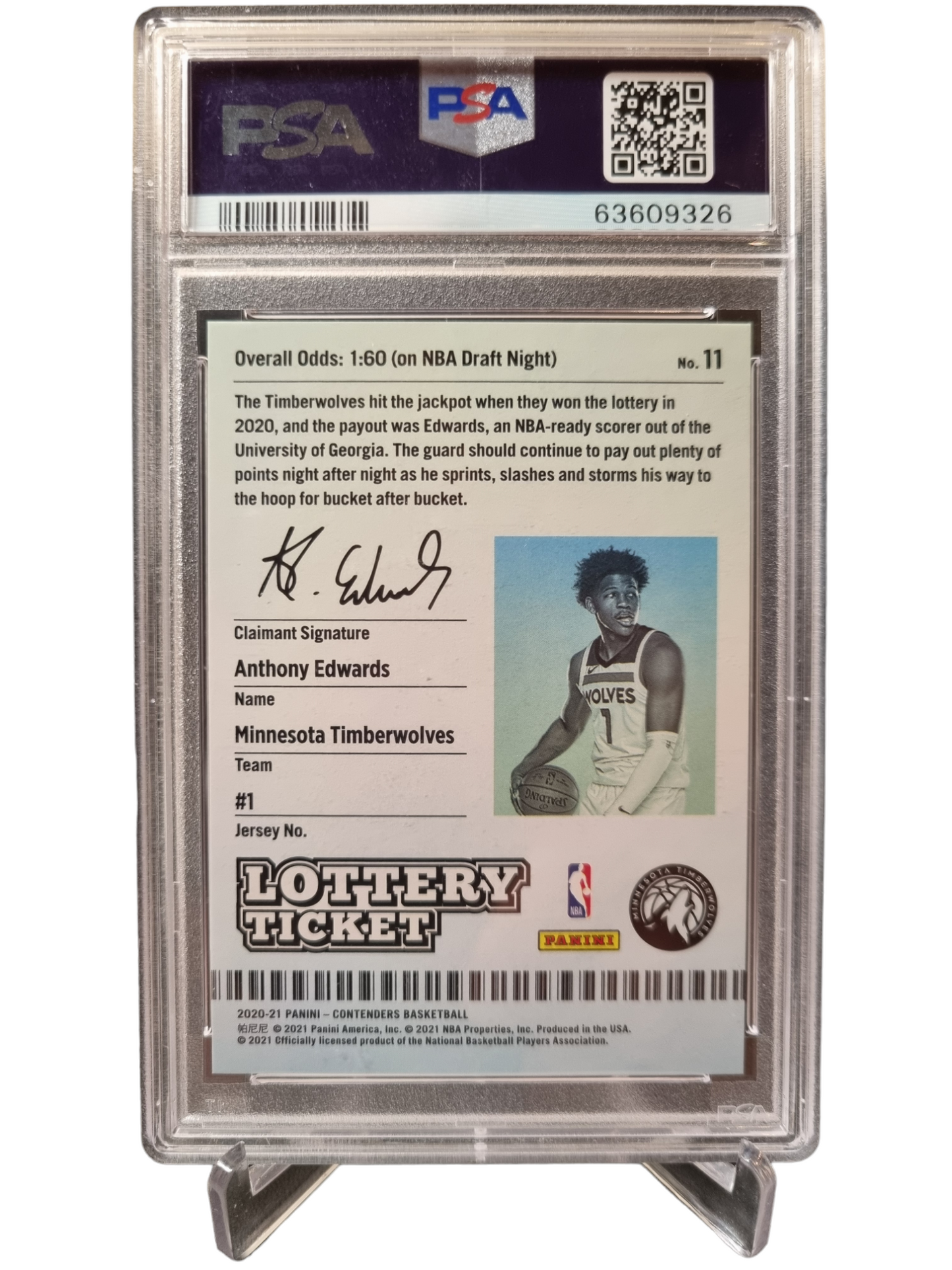 2020 Contenders #11 Anthony Edwards Rookie Card Lottery Ticket PSA 9 Mint