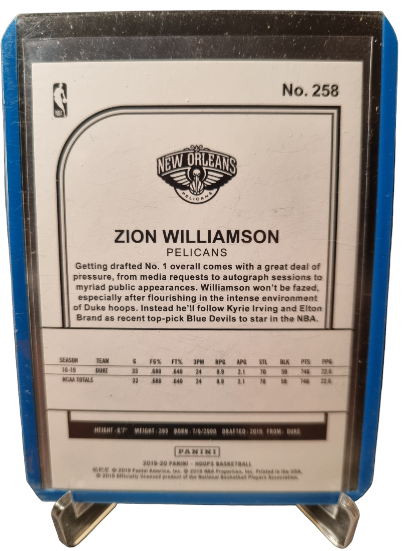 2019-20 Panini Hoops #258 Zion Williamson Rookie Card