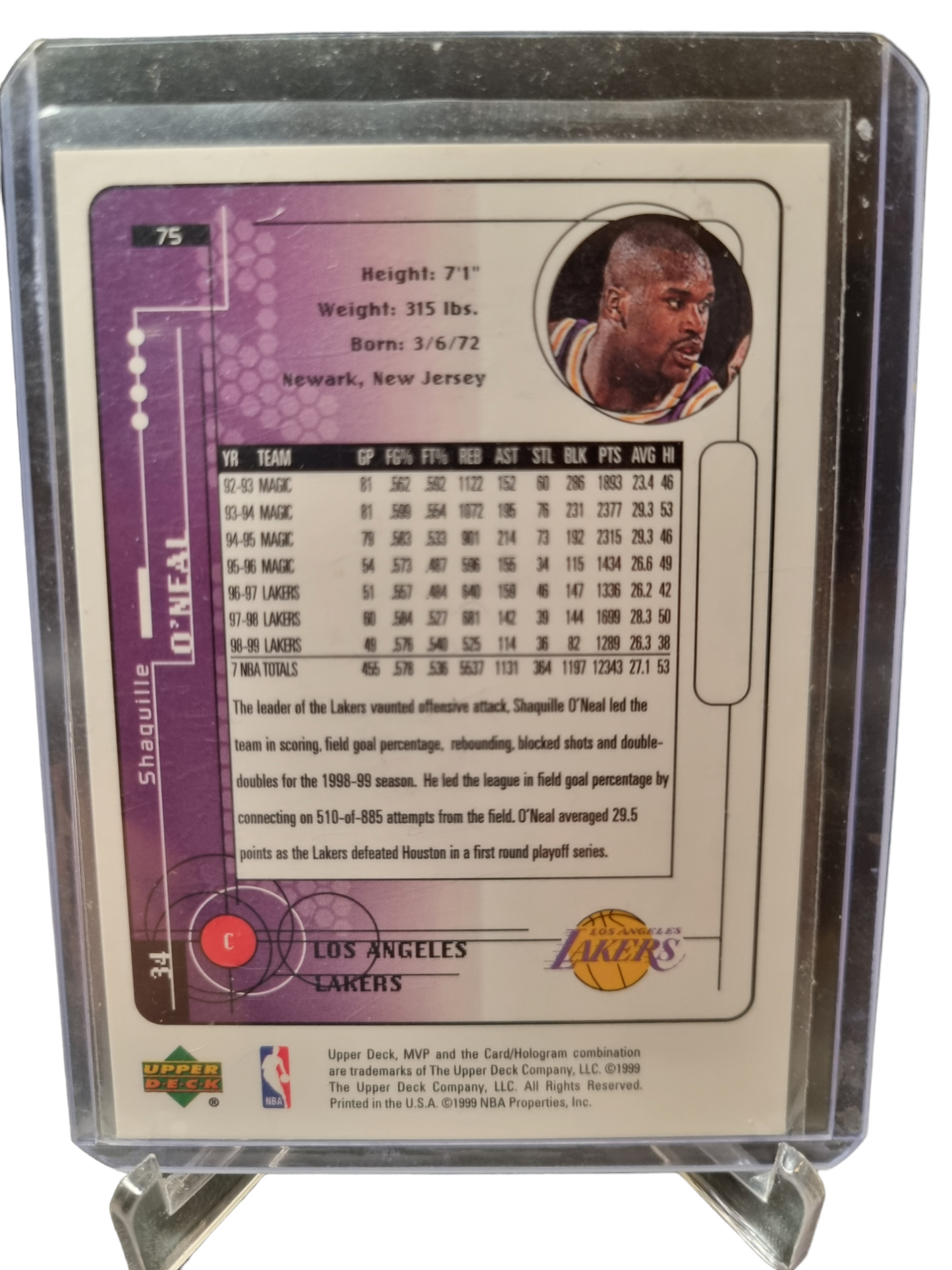 1999 Upper Deck #75 Shaquille O'Neal MVP