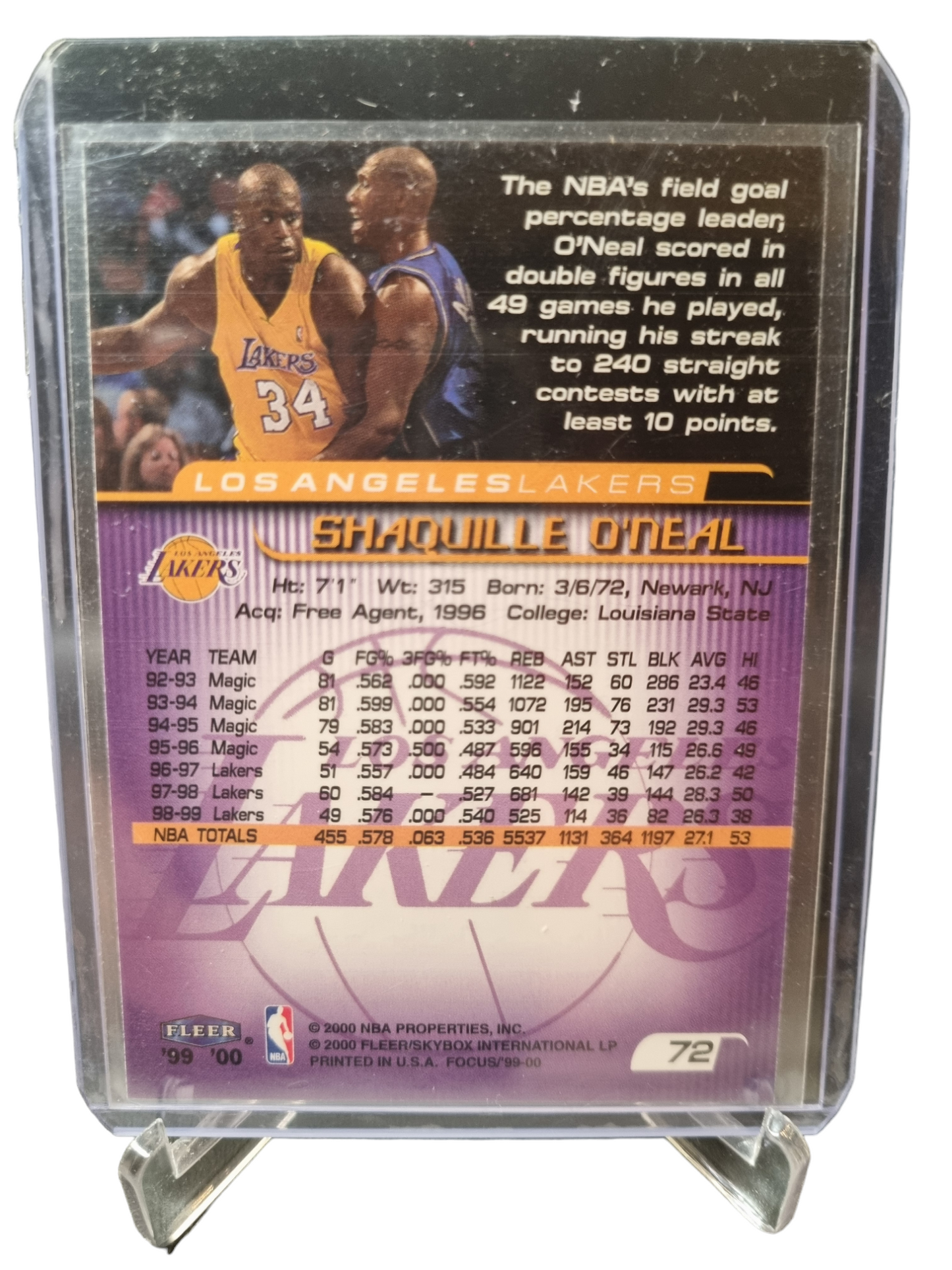 1999-20 Fleer #72 Shaquille O'Neal Fleer Focus