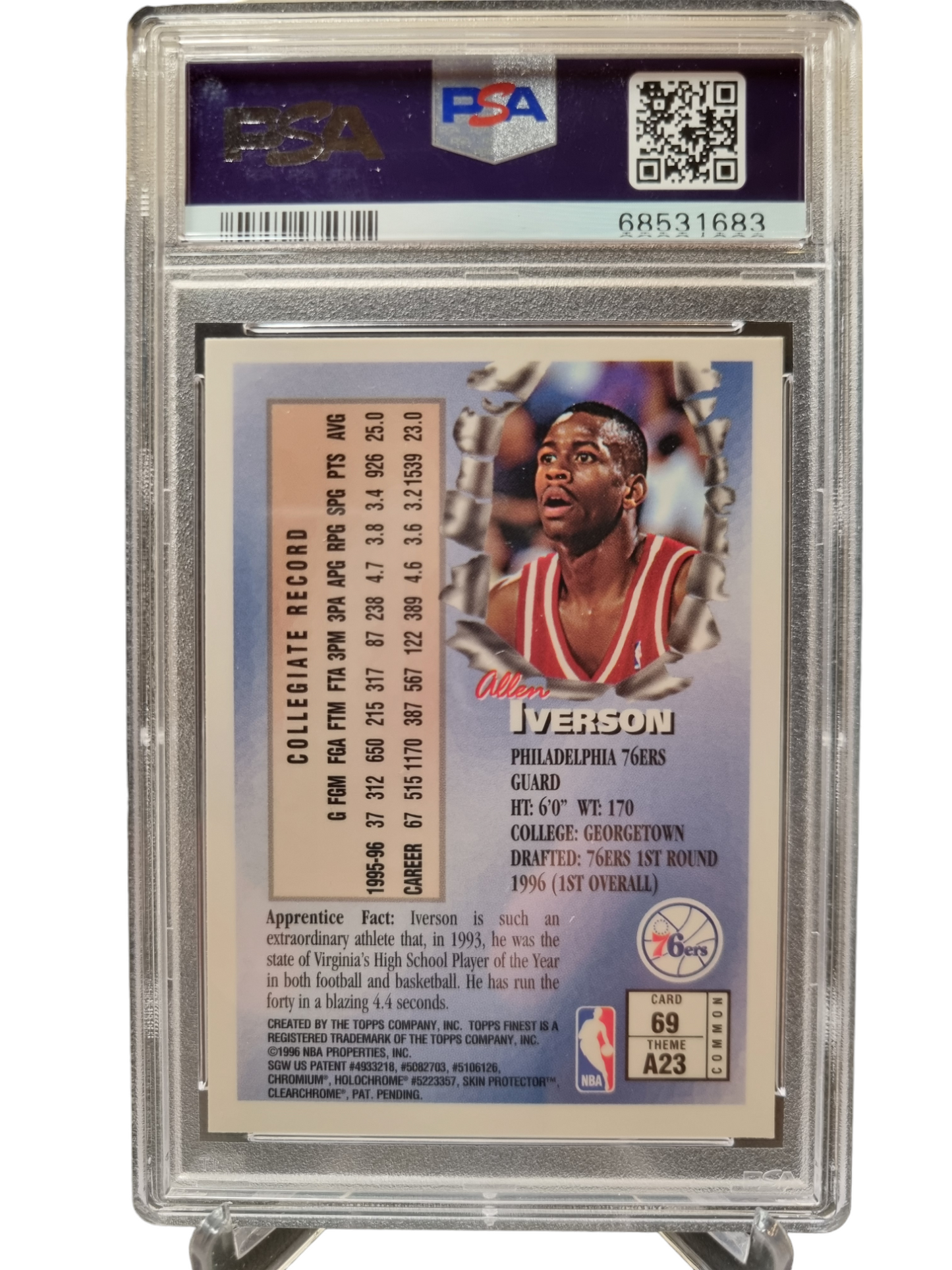 1996 Topps Finest #69 Allen Iverson Rookie Card Apprentices With Protective Coating PSA 9 Mint