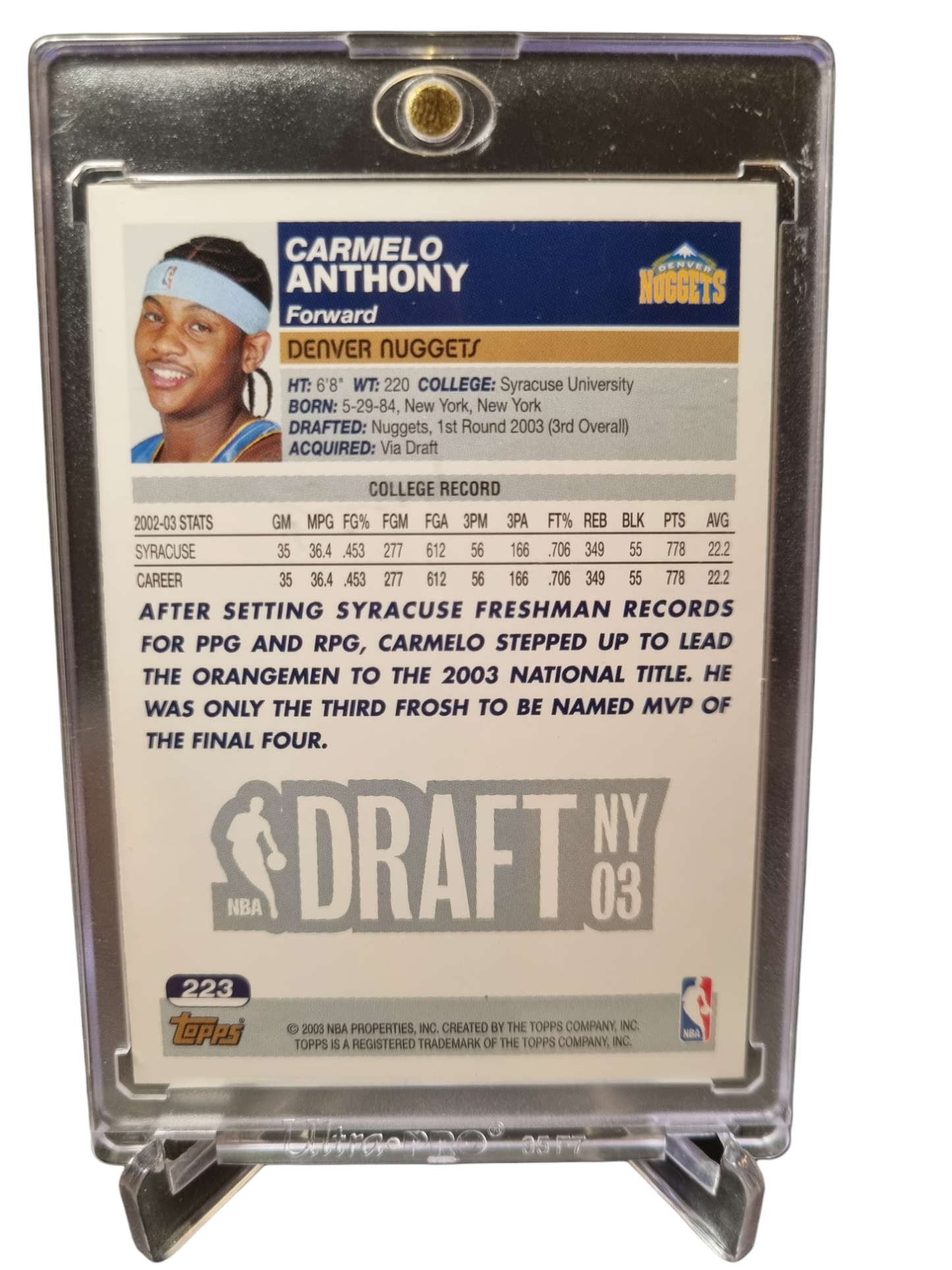 2003 Topps #223 Carmelo Anthony Rookie Card Draft Pick 3