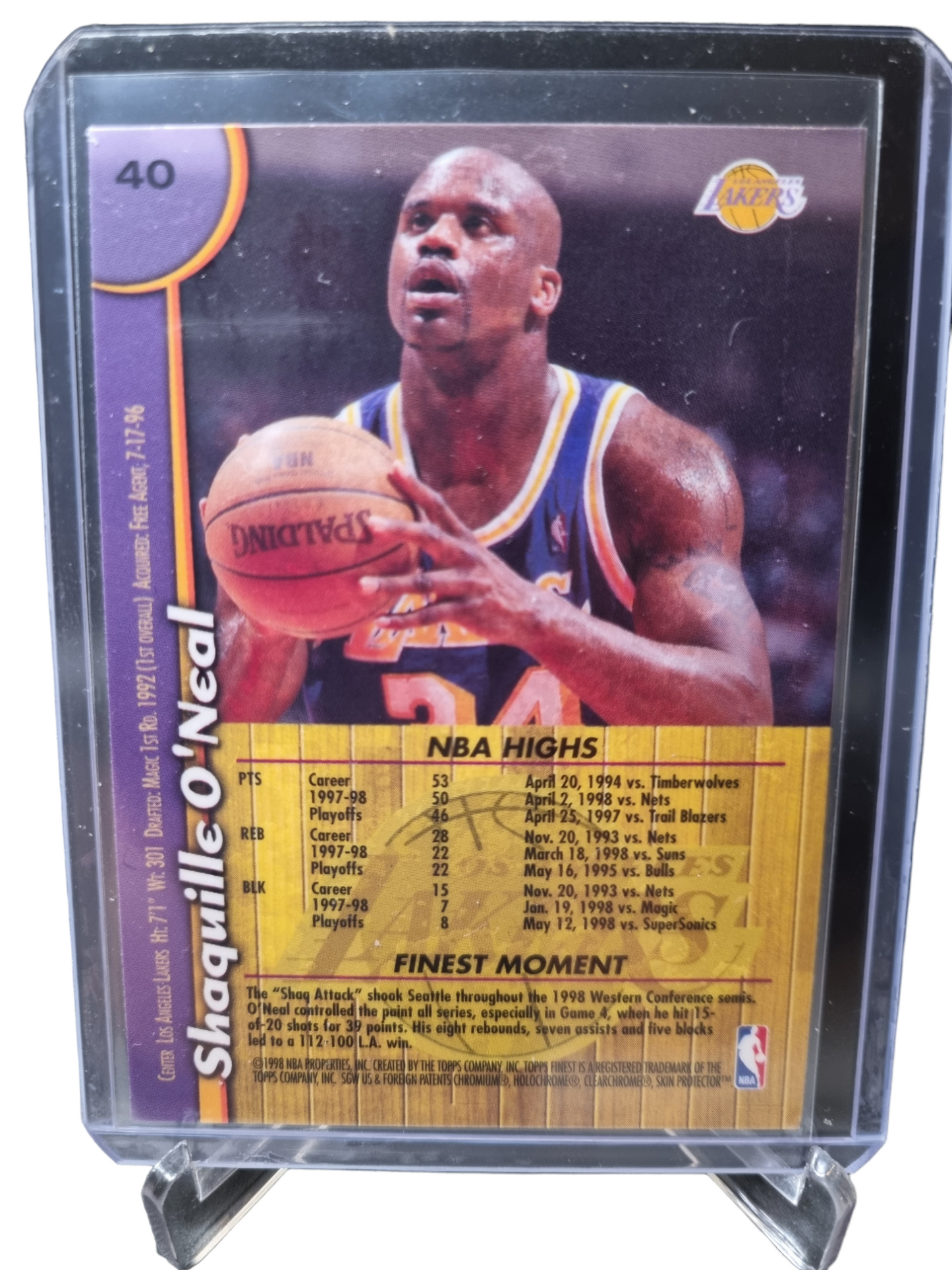 1998 Topps Finest #40 Shaquille O'Neal With Protective Coating