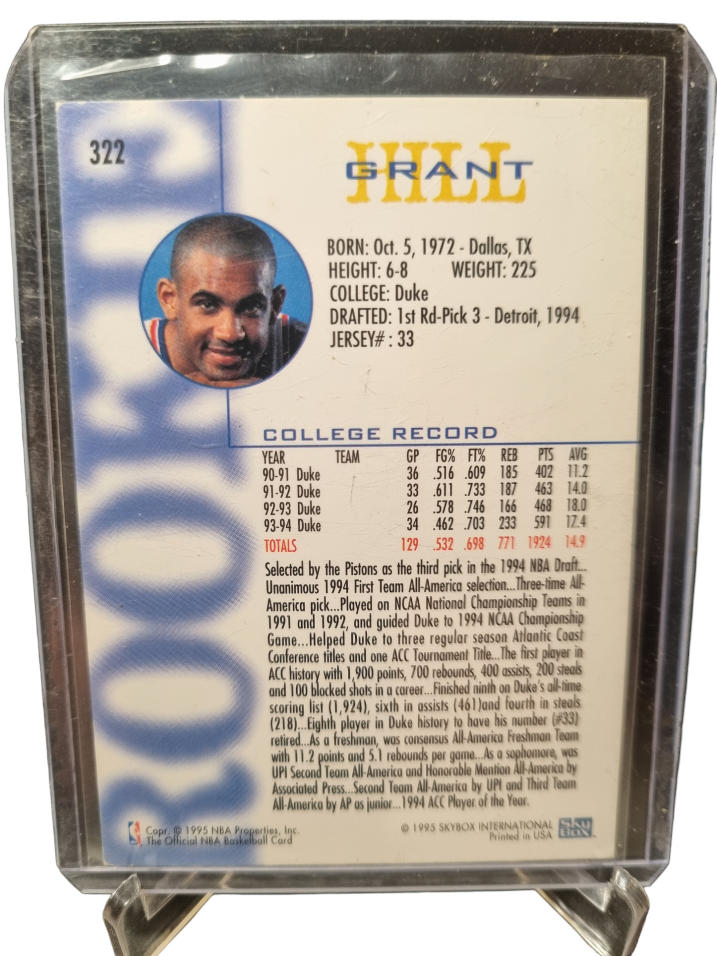 1995 Skybox #322 Grant Hill Rookie Card Rookie