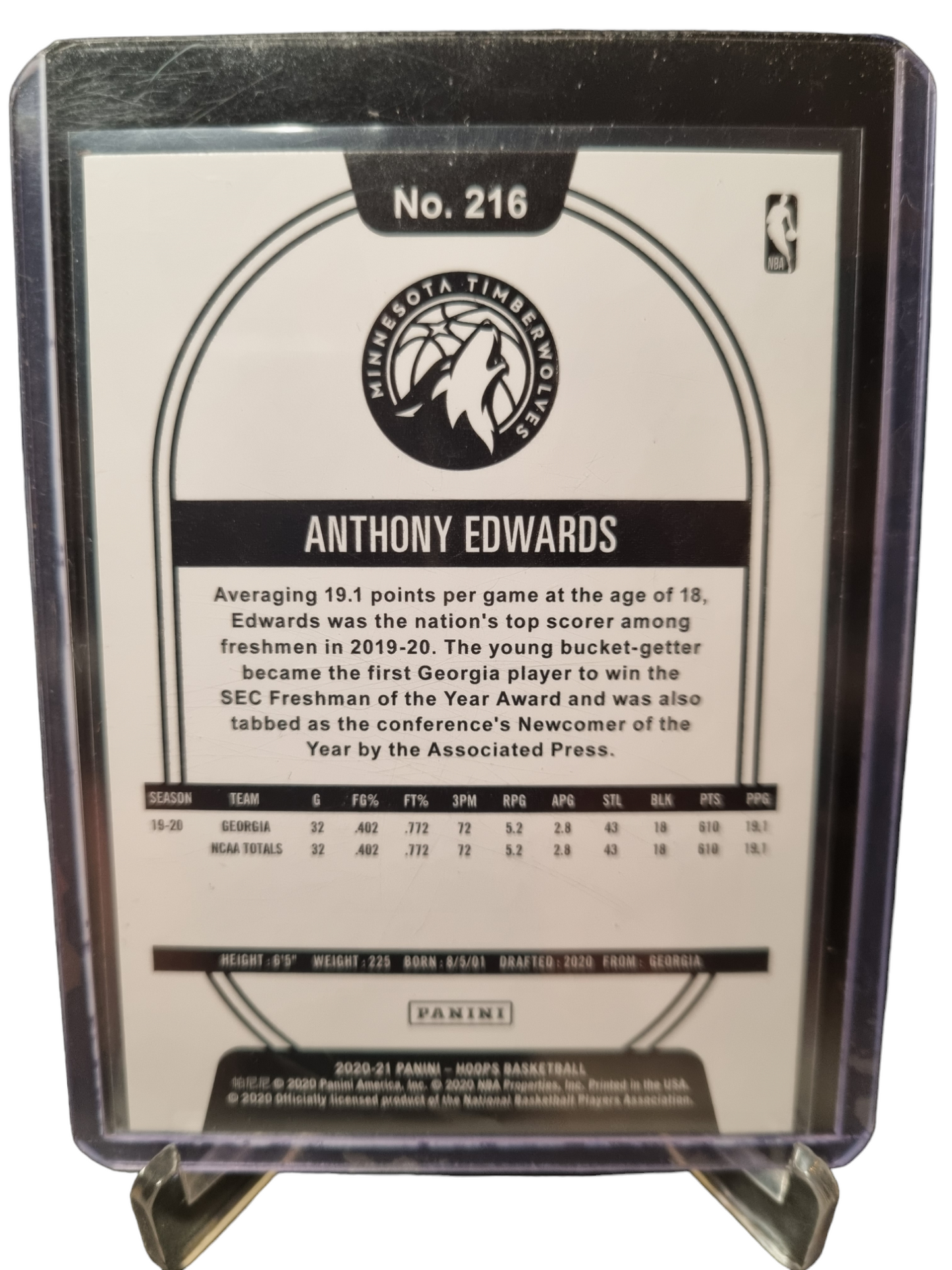 2020-21 Panini Hoops #216 Anthony Edwards Rookie Card