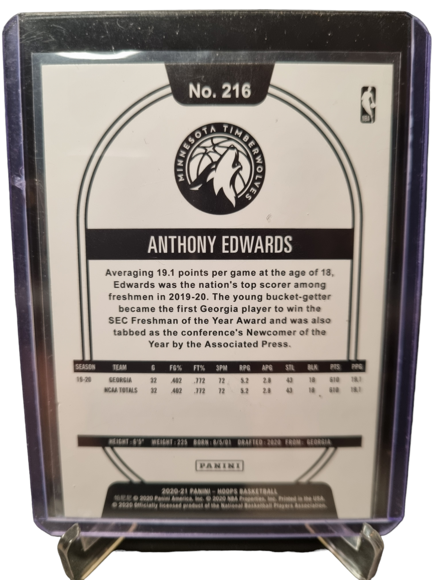 2020-21 Panini Hoops #216 Anthony Edwards Rookie Card Blue