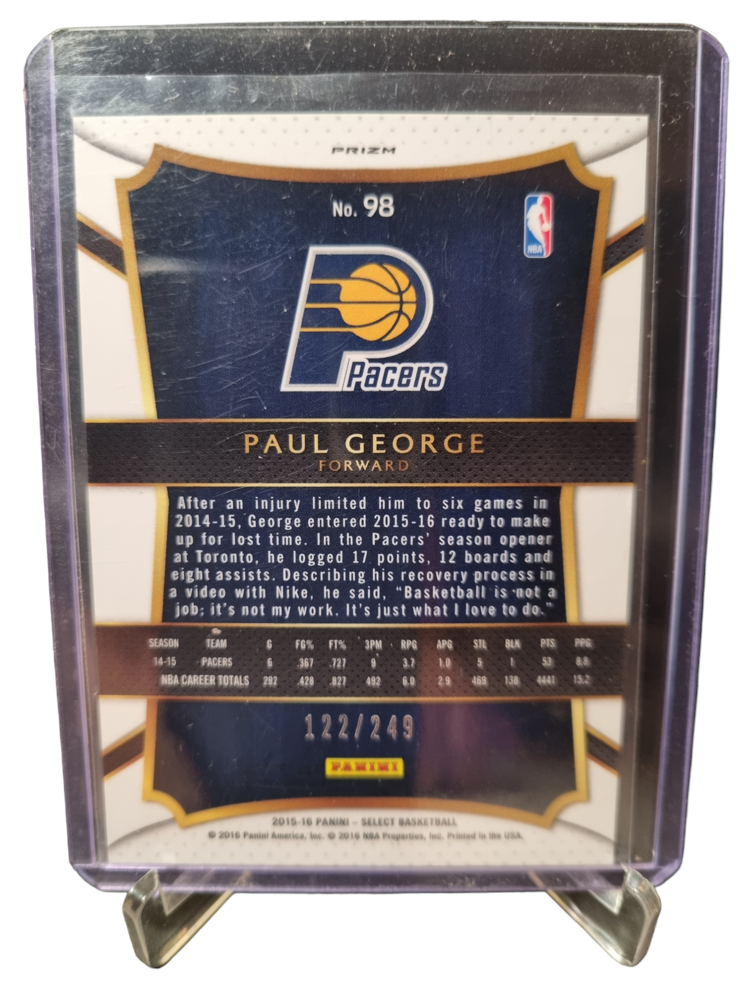 2015-16 Panini Select #98 Paul George Blue Prizm 122/249 - 2nd Year Card