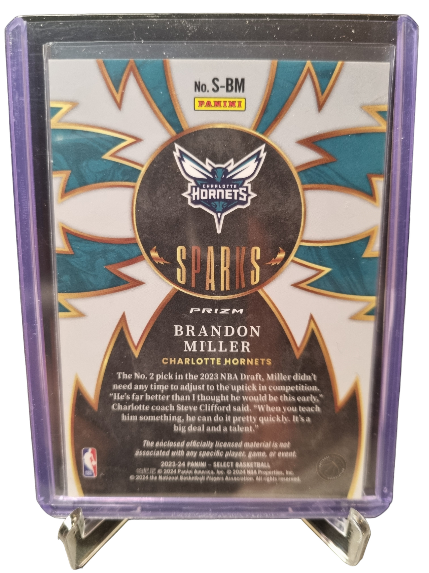 2023-24 Panini Select #S-BM Brandon Miller Rookie Card Sparks Patch Silver Prizm