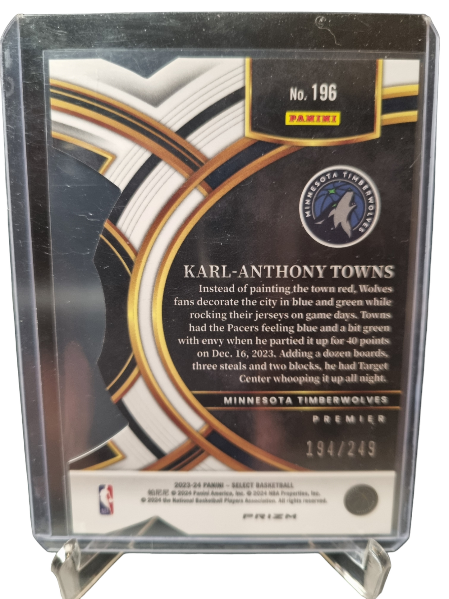 2023-24 Panini Select #196 Karl-Anthony Towns Premier Level Blue Die Cut Prizm 194/249