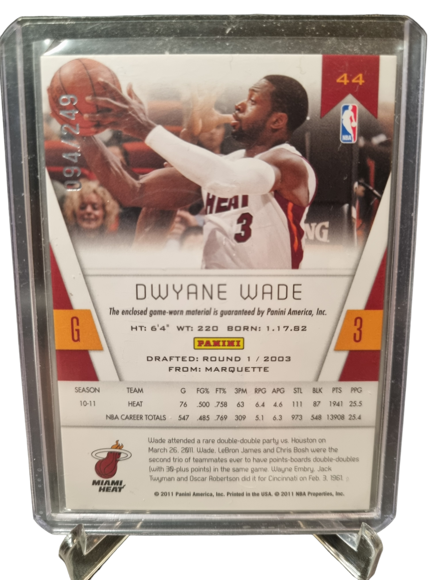 2010-11 Panini Totally Certified #44 Dwyane Wade Totally Red Game Worn Patch 094/249