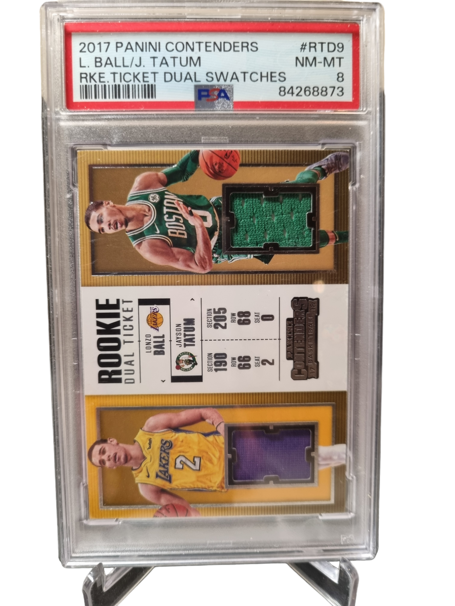 2017 Panini Contenders #RTD9 Jayson Tatum/Lonzo Ball Rookie Card Duel Ticket Game Worn Patches PSA8 Near Mint