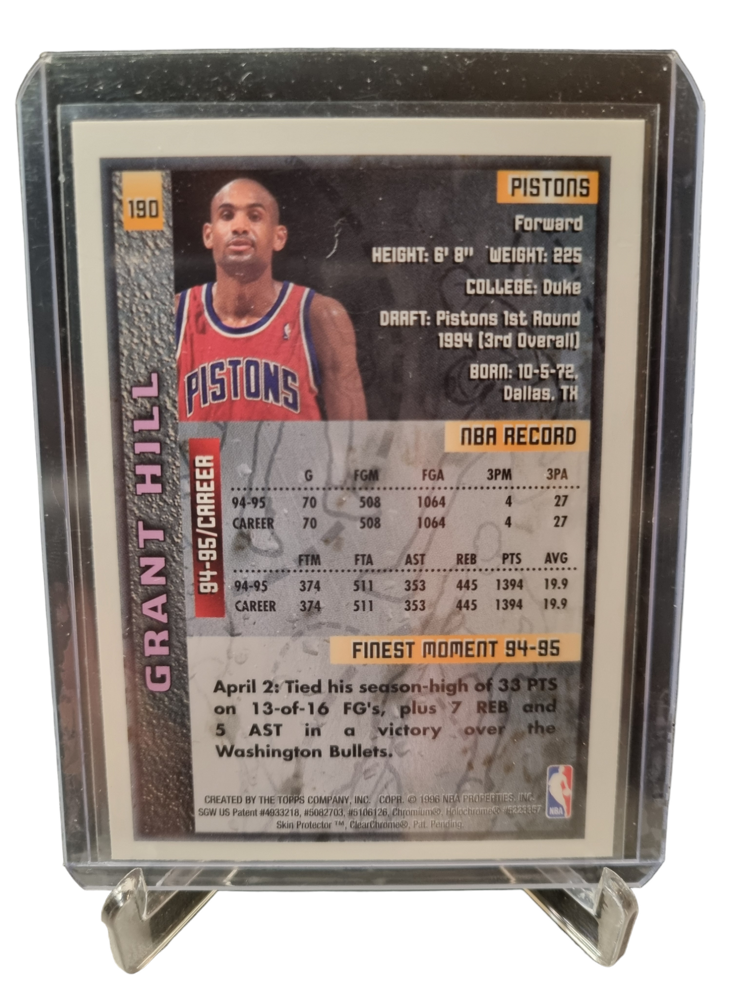 1996 Topps Finest #190 Grant Hill With Protective Coating